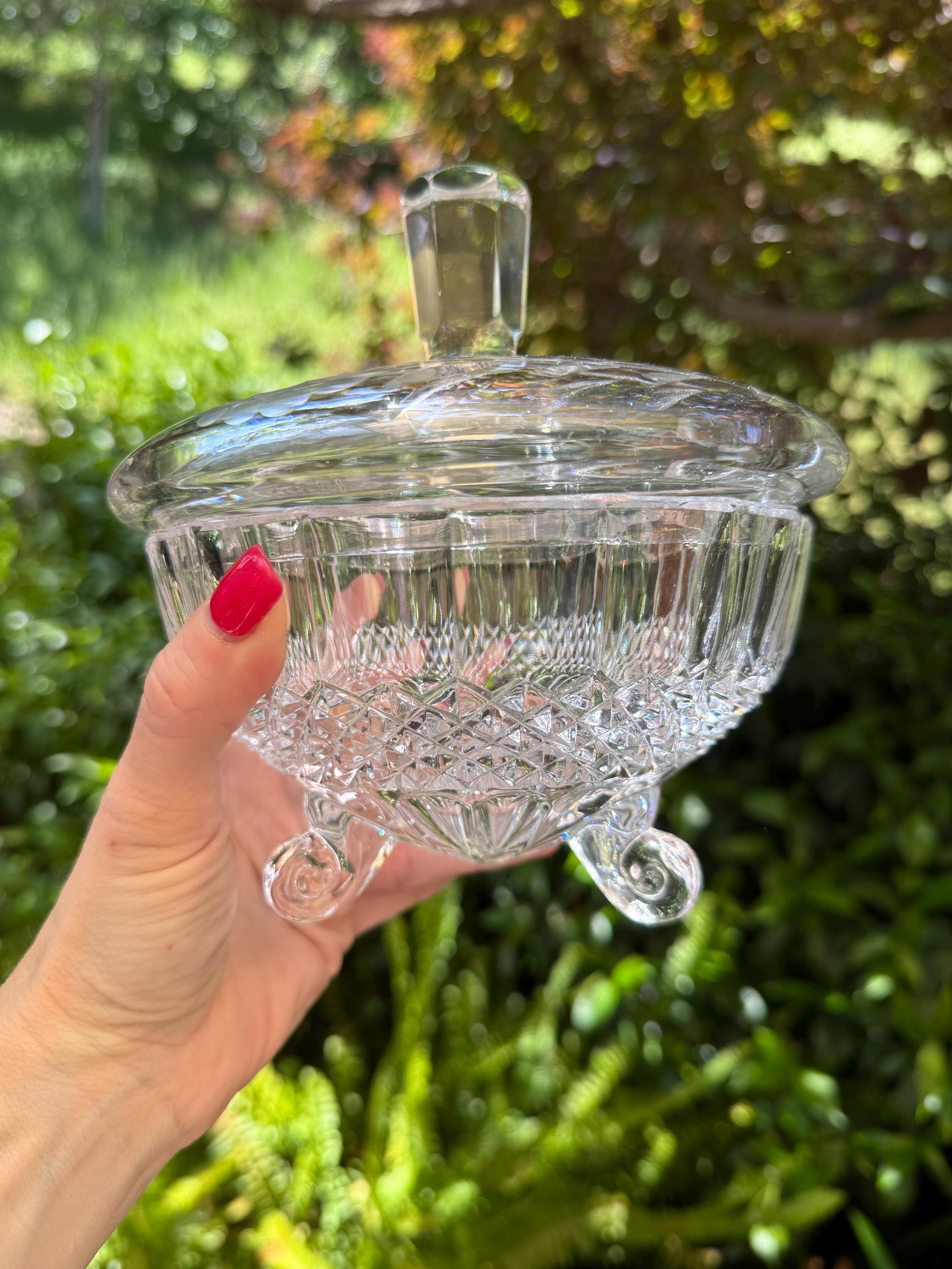 Vintage Bohemian Cut Crystal Candy Dish with Rose Pressed Lid – Mismatched Charm