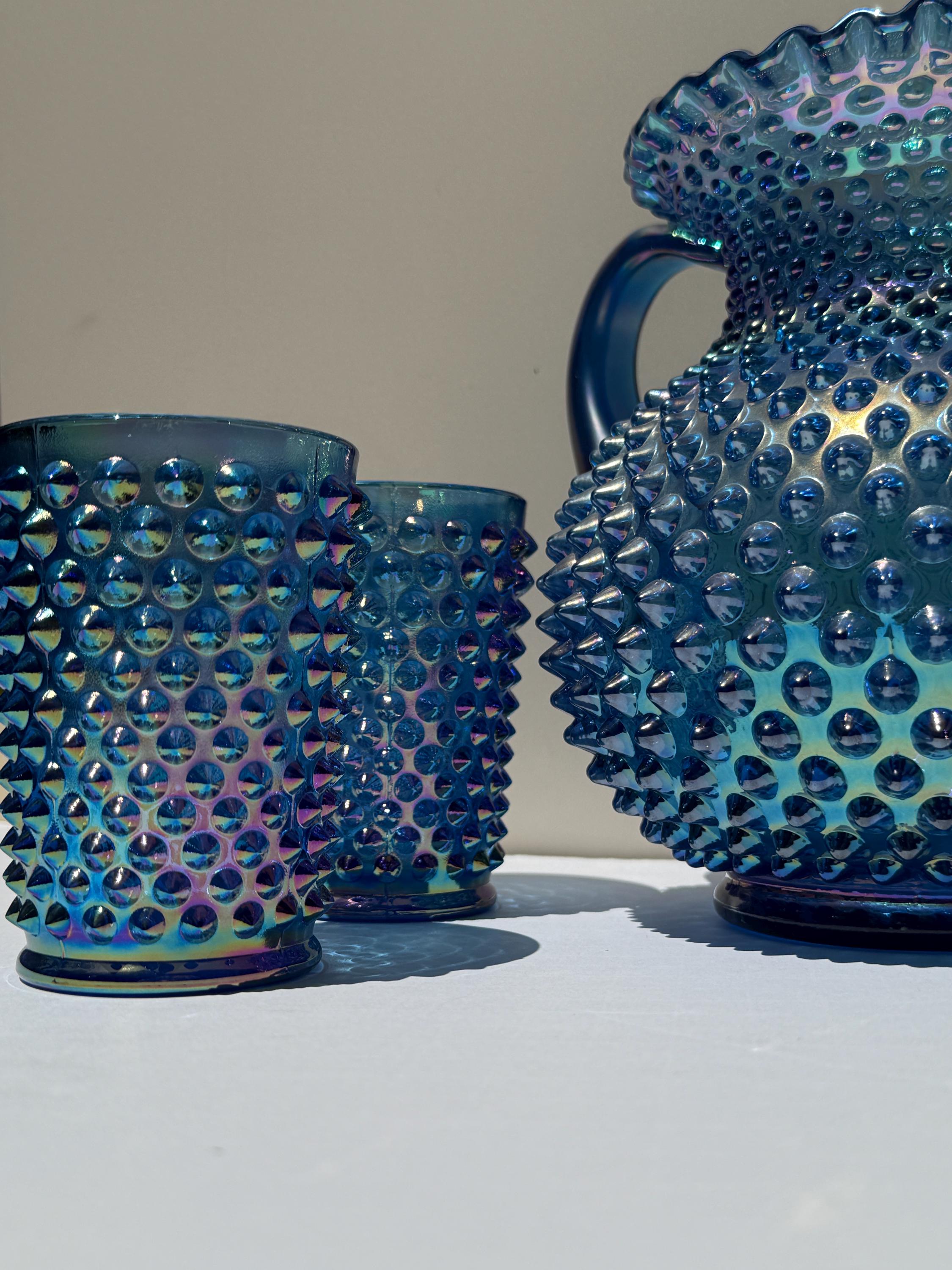Vintage Fenton Blue Carnival Glass Hobnail Pitcher & Tumbler Set – 5 Piece – Iridescent 1992