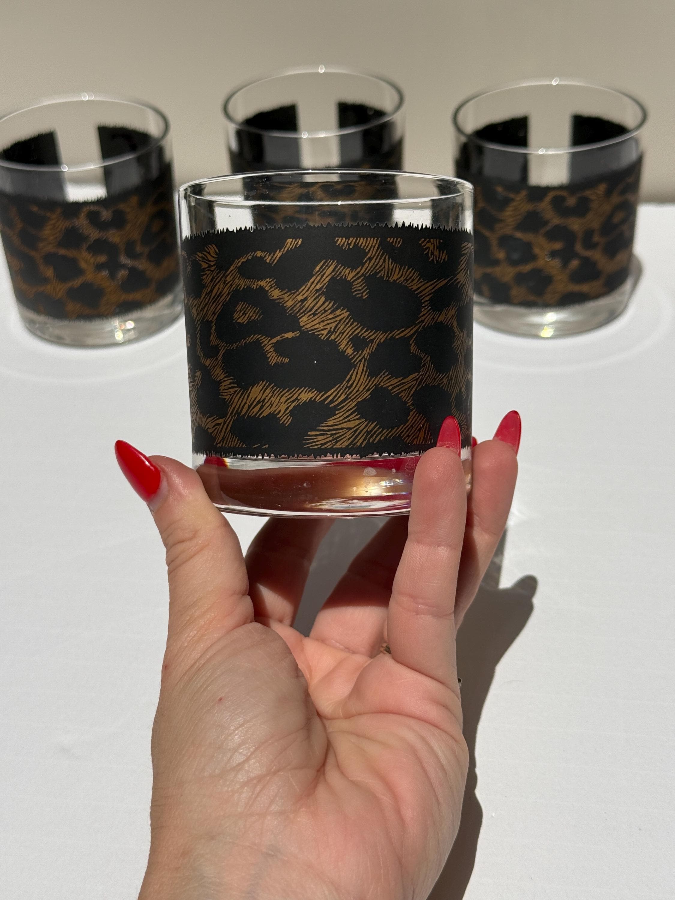 Set of 4 Vintage Leopard Print Lowball Glasses – Matte Black & Gold – Old Fashioned Whiskey Glasses