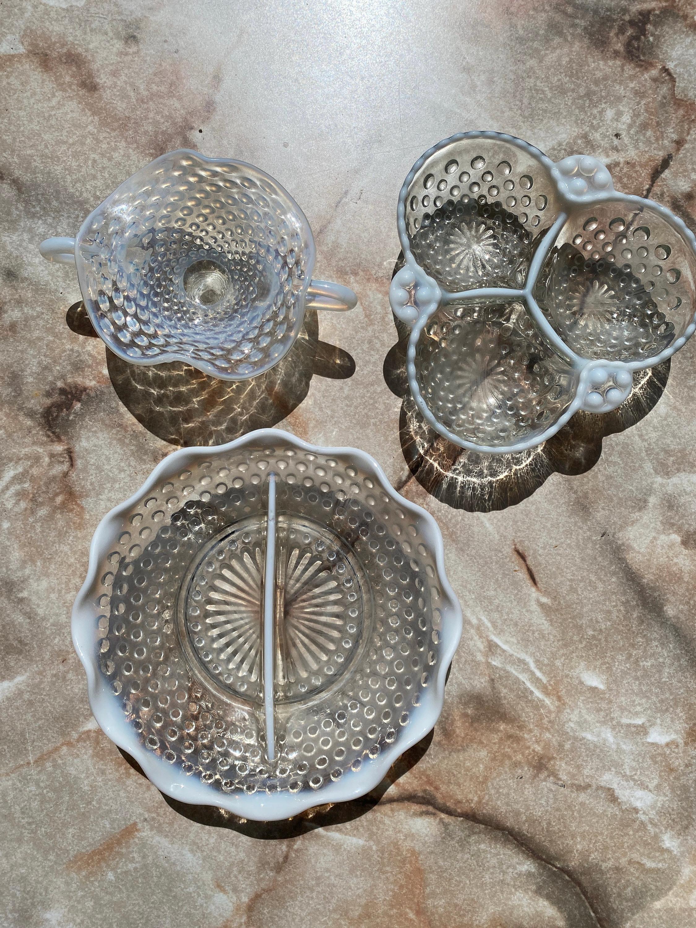Vintage Anchor Hocking Moonstone Opalescent Hobnail Pattern Glass Pieces 3 PC SET