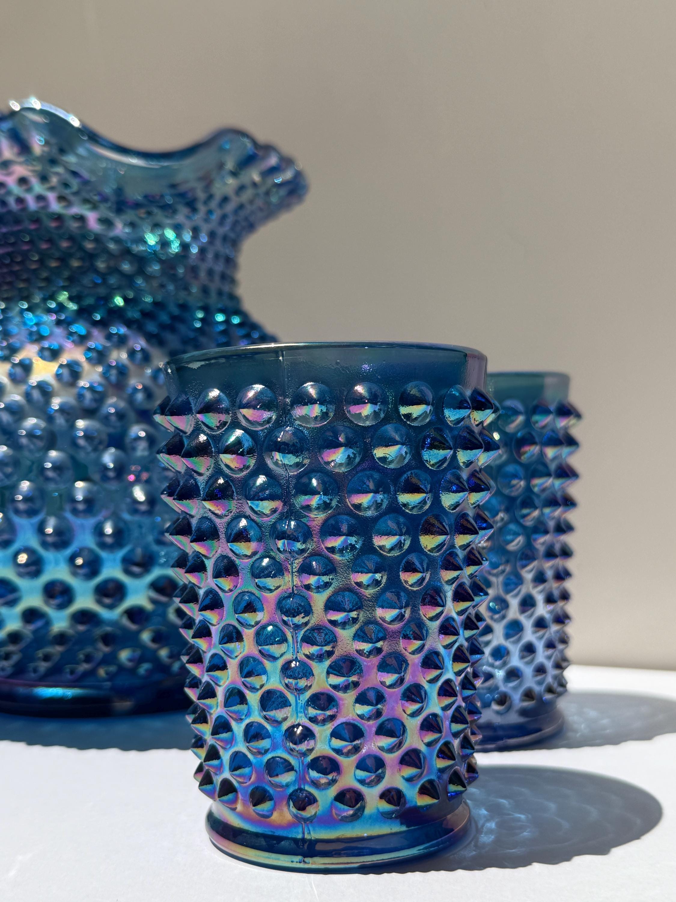 Vintage Fenton Blue Carnival Glass Hobnail Pitcher & Tumbler Set – 5 Piece – Iridescent 1992