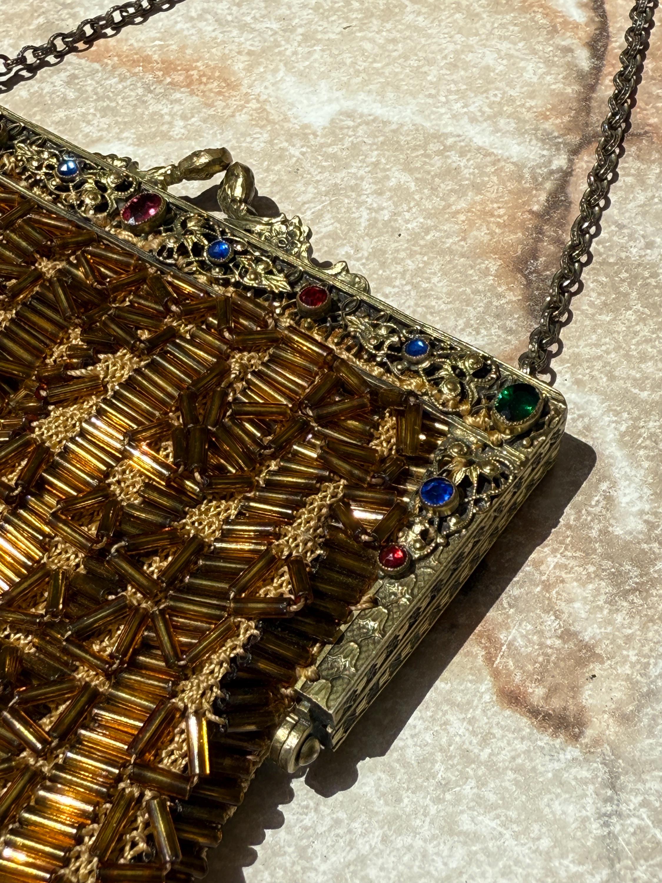 Art Deco Beaded Fringe Evening Bag with Ornate Brass Frame & Silk Interior – 1920s Vintage Glamour