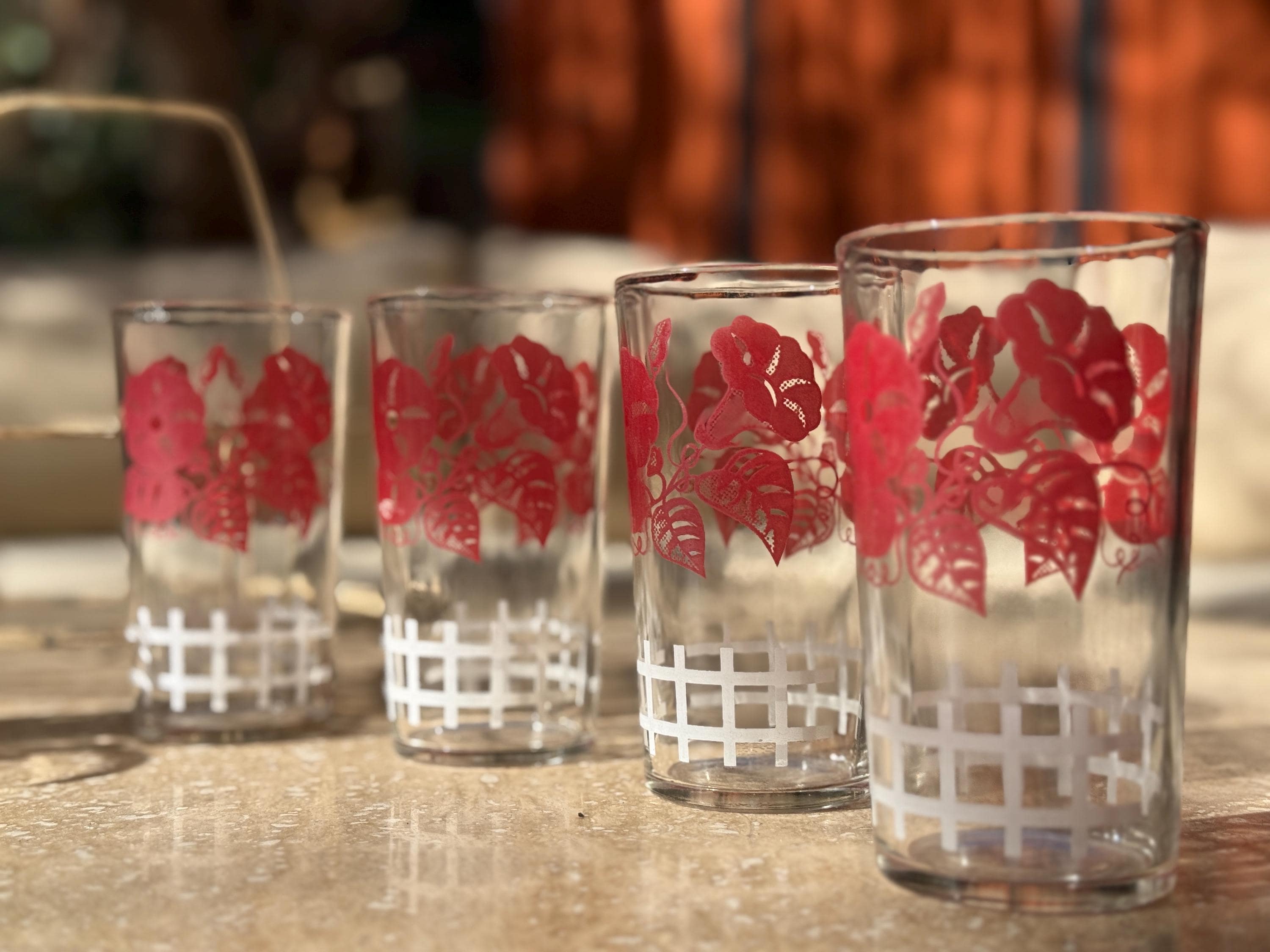 Set of 8 Vintage Glasses in Caddy- 4 Rose Pattern 4 Morning glory Pattern