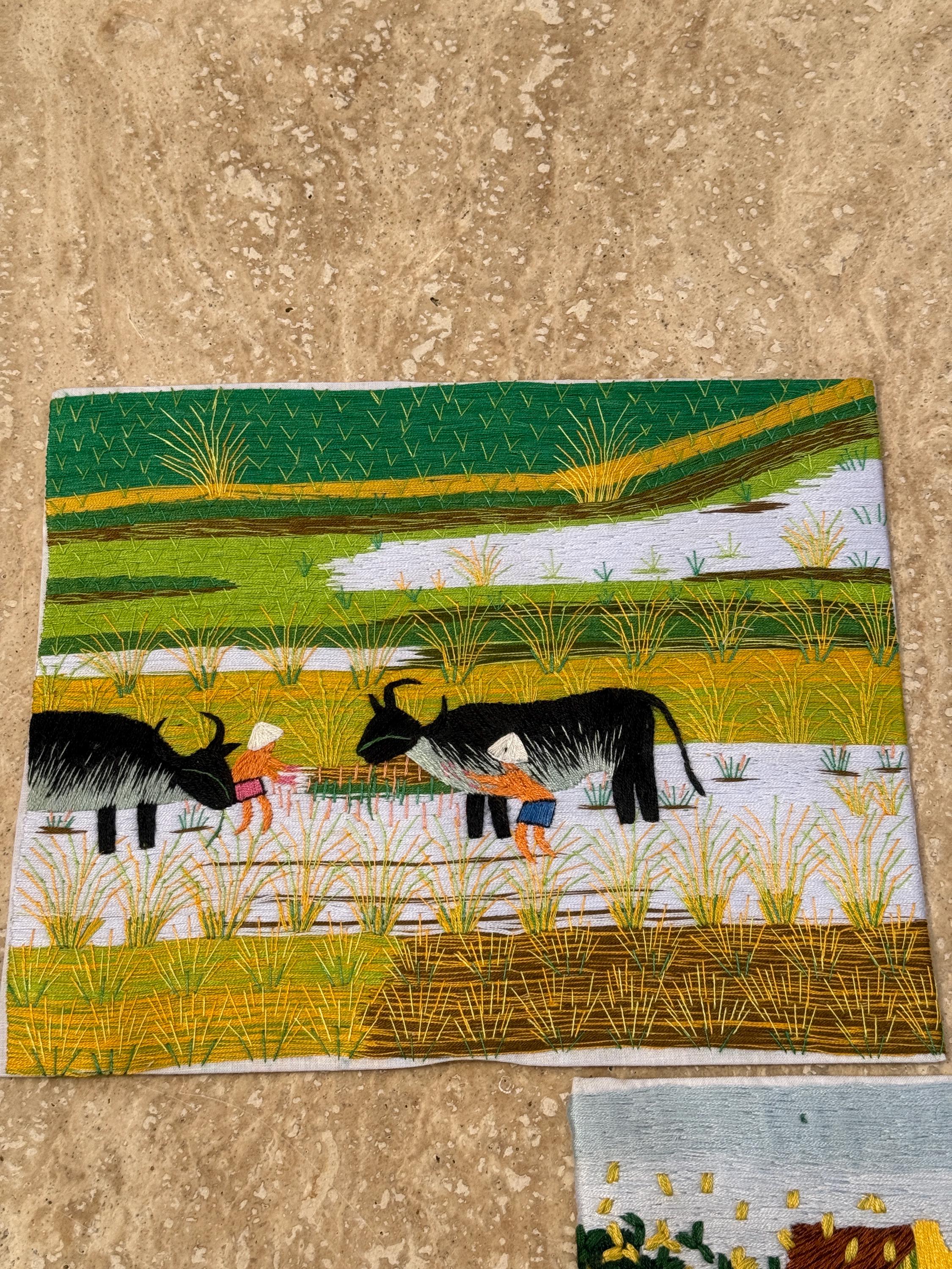 Set of 2 Handmade Embroidered Art Pieces – Harvest & Town Scene – Intricate Thread Detail on Cloth, Ready to Frame