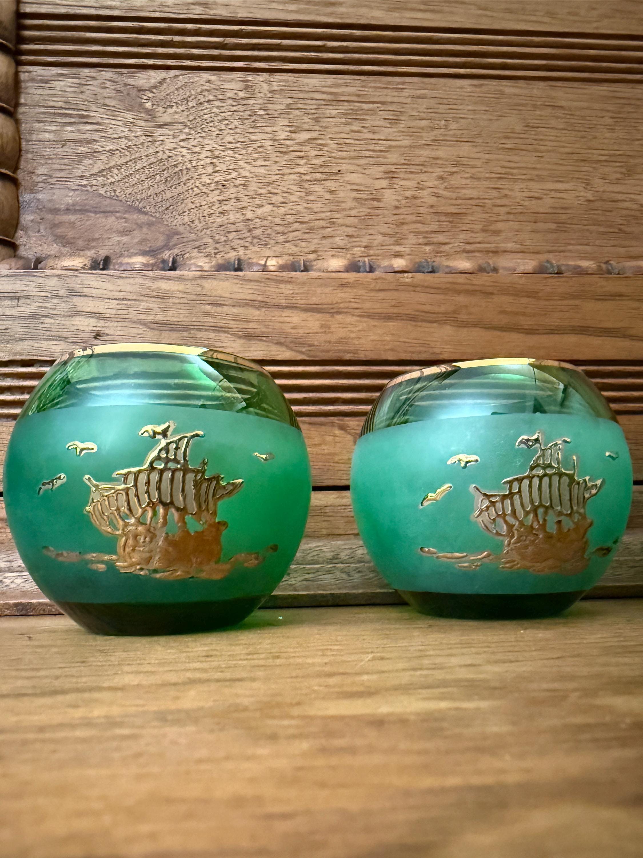 Vintage Bohemian Green Crystal Votive with Gold Embossed Ship –