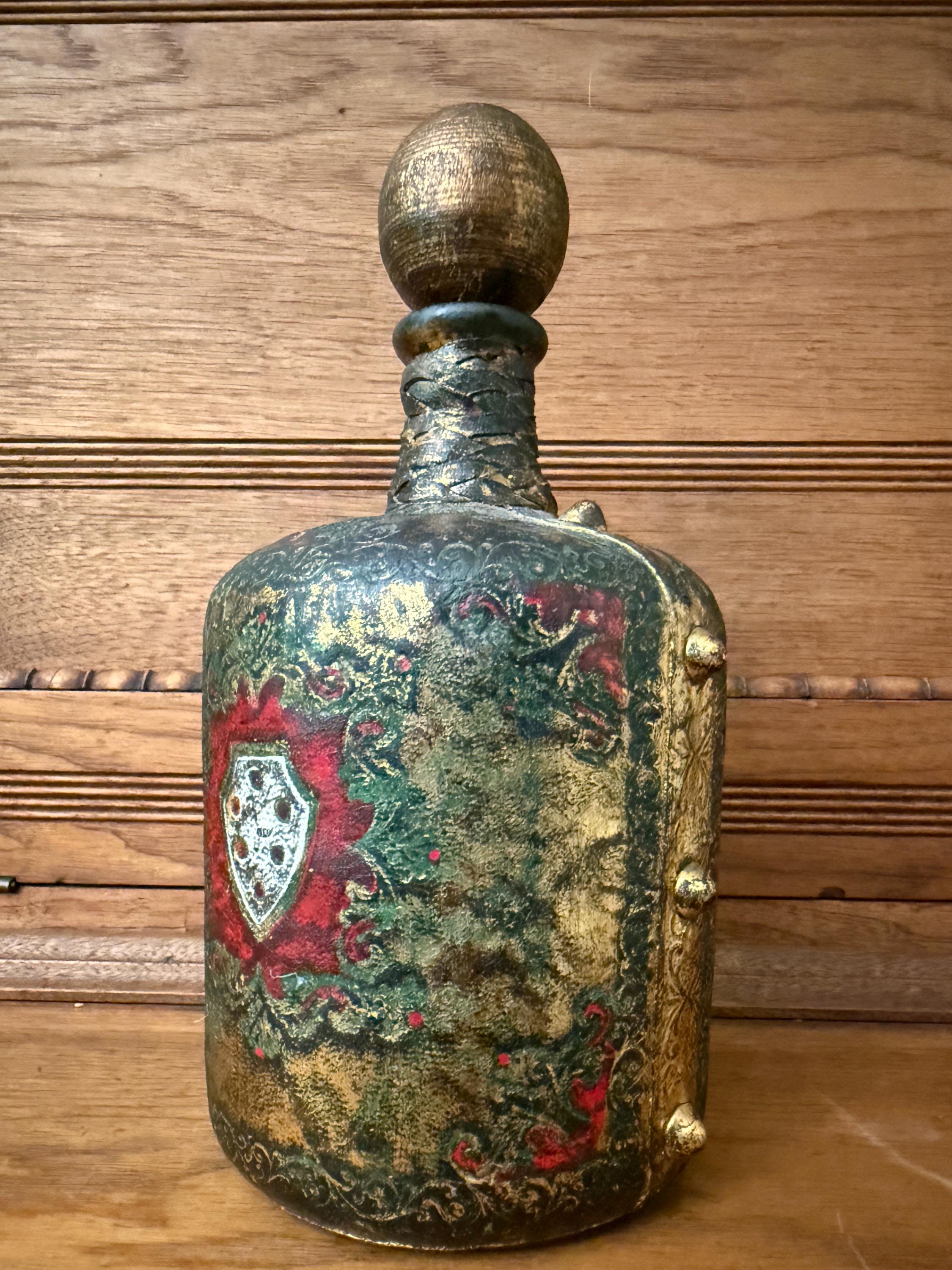 Vintage Leather Wrapped Green Glass Bottle Decanter – Embossed Fleur-de-Lis Design – 11” Tall