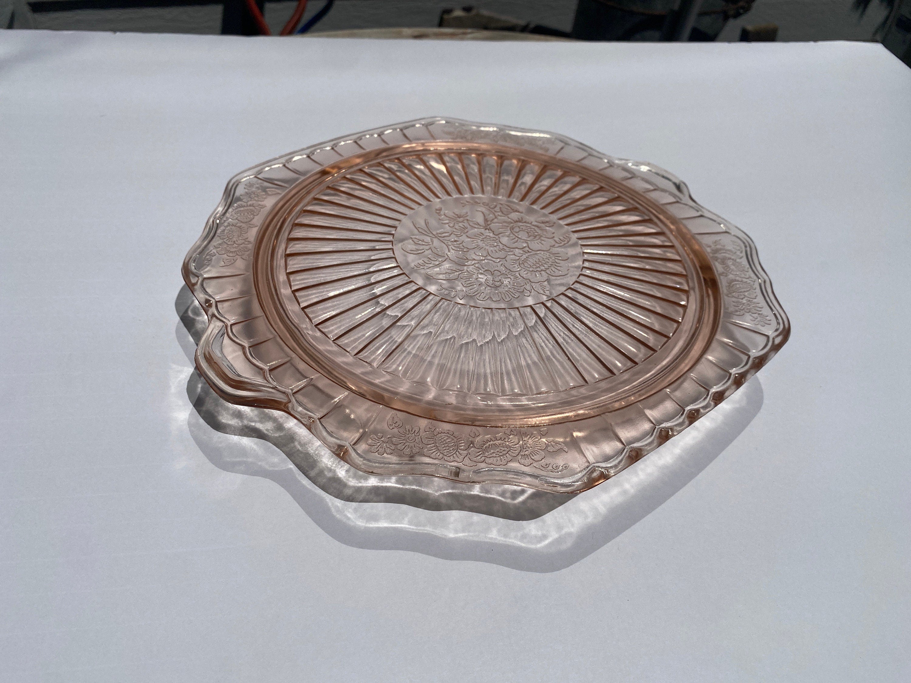 Pink Depression Cake Plate, Hocking Glass, Mayfair, Open Rose 1930s embossed, cake stand, pink elegance,  pink glass