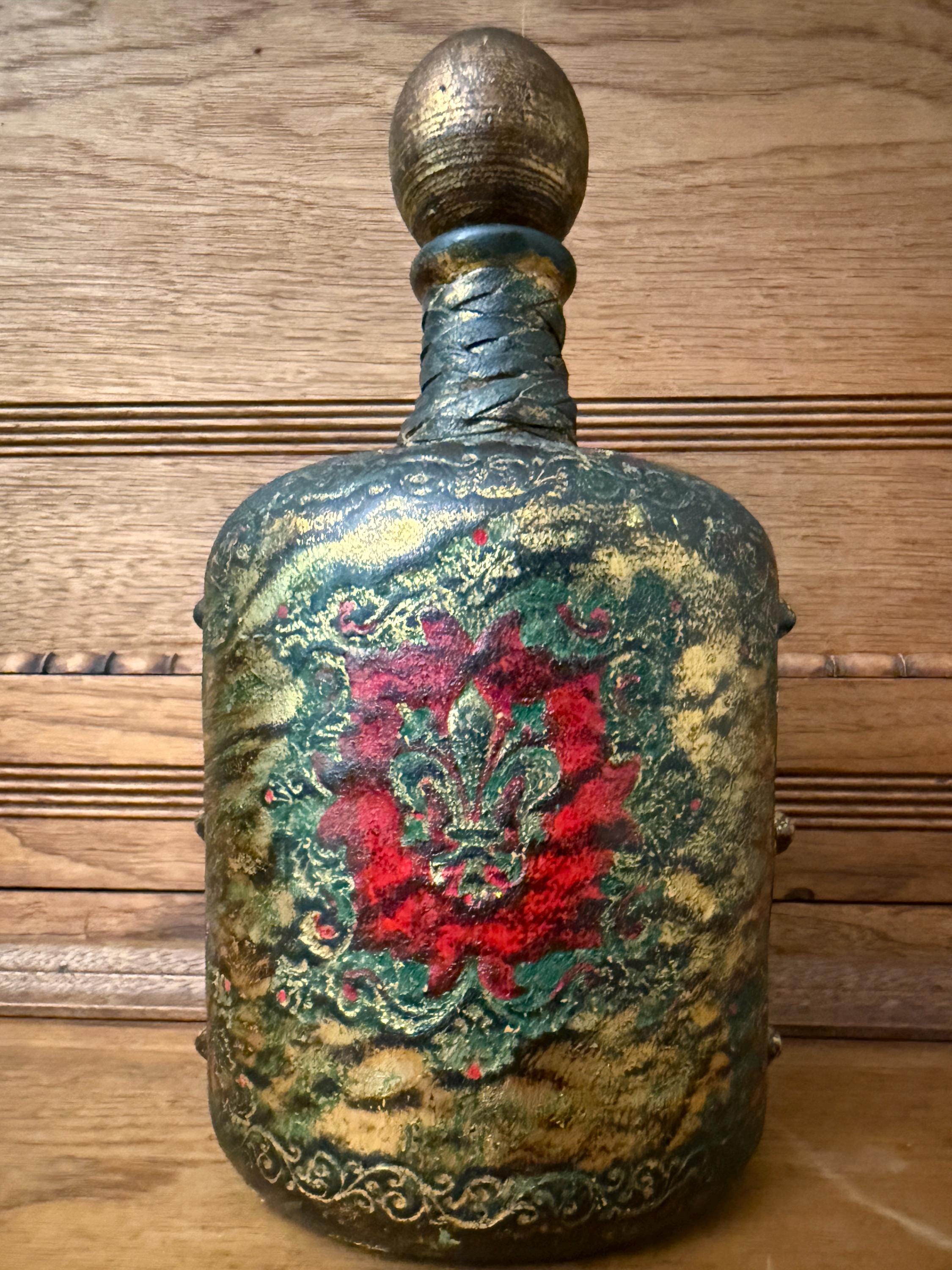 Vintage Leather Wrapped Green Glass Bottle Decanter – Embossed Fleur-de-Lis Design – 11” Tall
