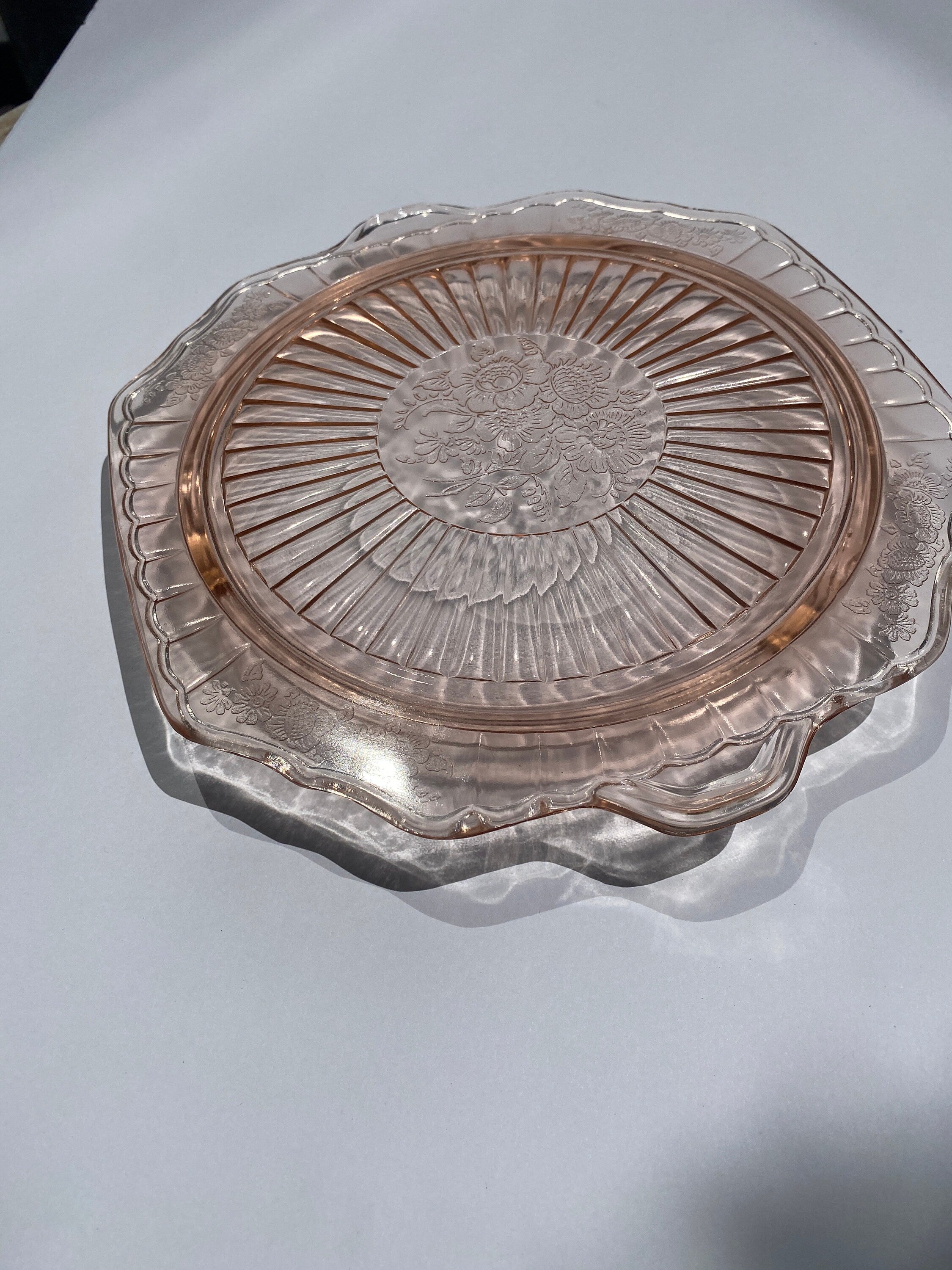 Pink Depression Cake Plate, Hocking Glass, Mayfair, Open Rose 1930s embossed, cake stand, pink elegance,  pink glass