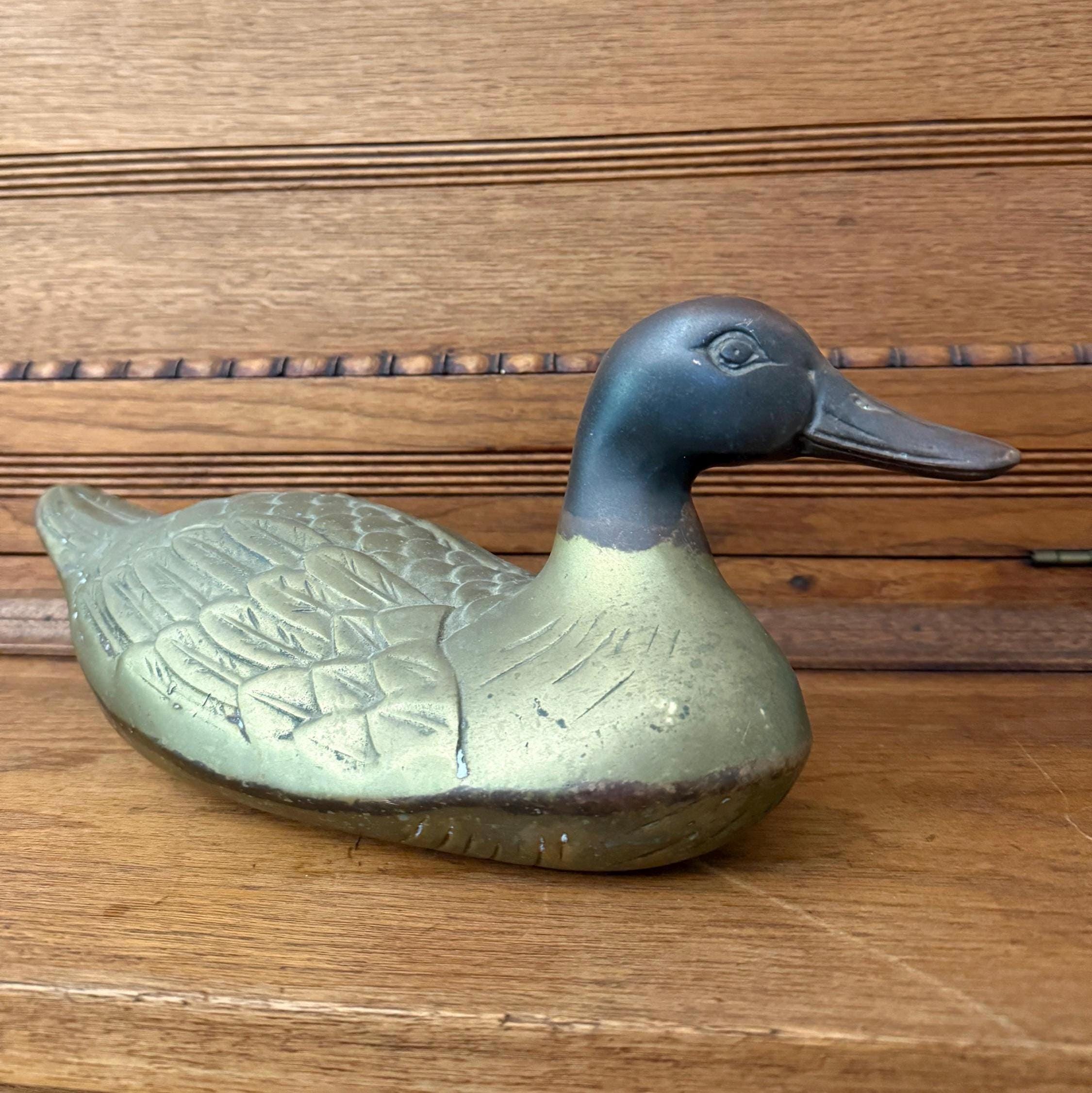 Vintage Brass Duck | 7lb Oxidized Brass Mallard Sculpture | Rustic Farmhouse Decor | Duck Paperweight | Collectible Brass Bird