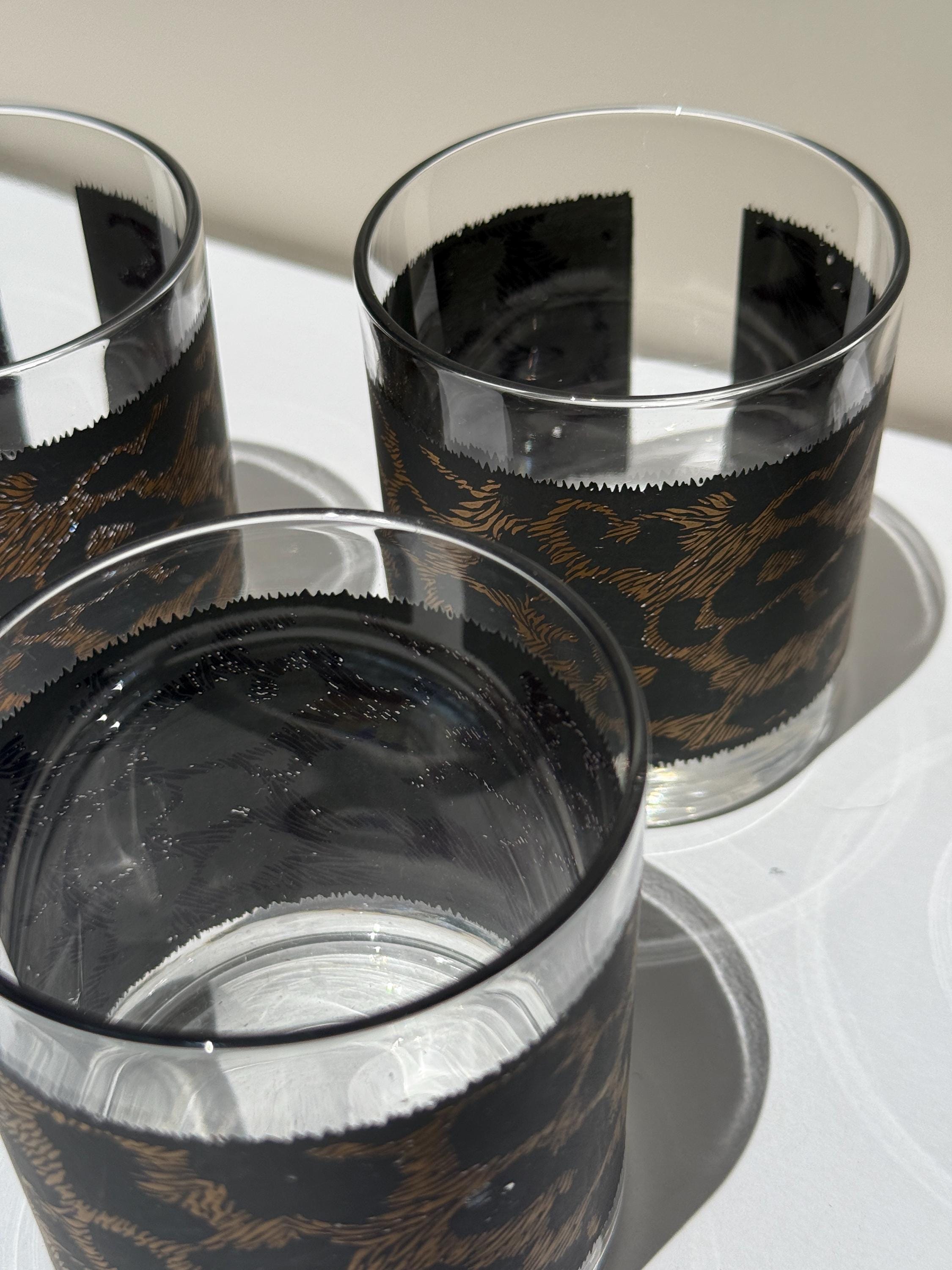 Set of 4 Vintage Leopard Print Lowball Glasses – Matte Black & Gold – Old Fashioned Whiskey Glasses