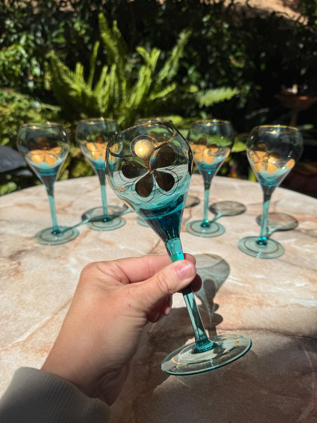Vintage Bohemian 22K Gold Floral Stemware – Set of 6 Hand-Painted Glasses