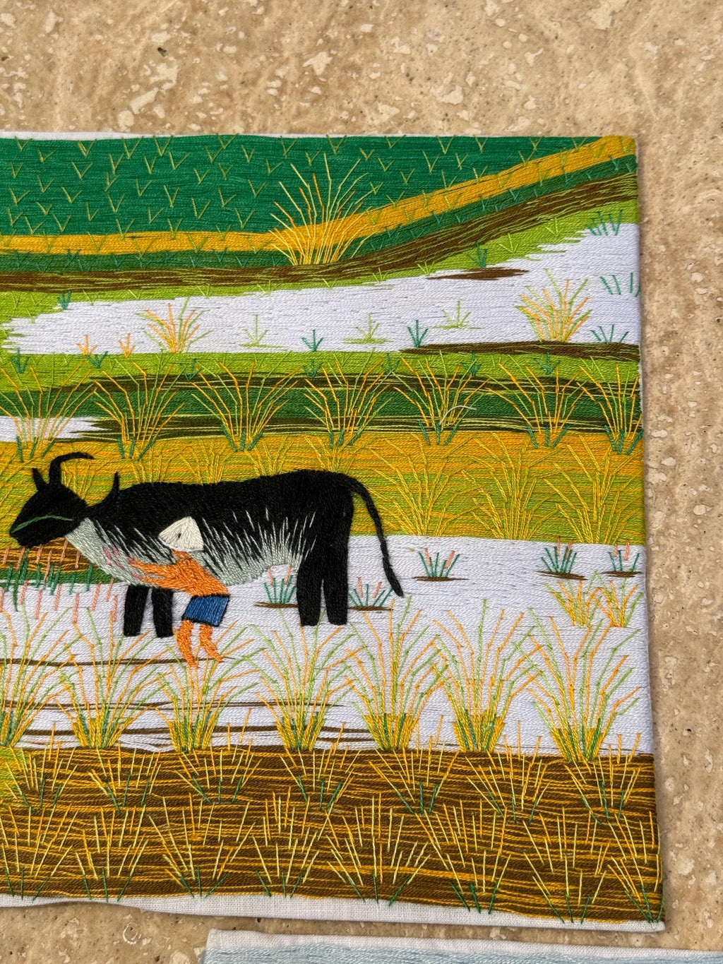 Set of 2 Handmade Embroidered Art Pieces – Harvest & Town Scene – Intricate Thread Detail on Cloth, Ready to Frame