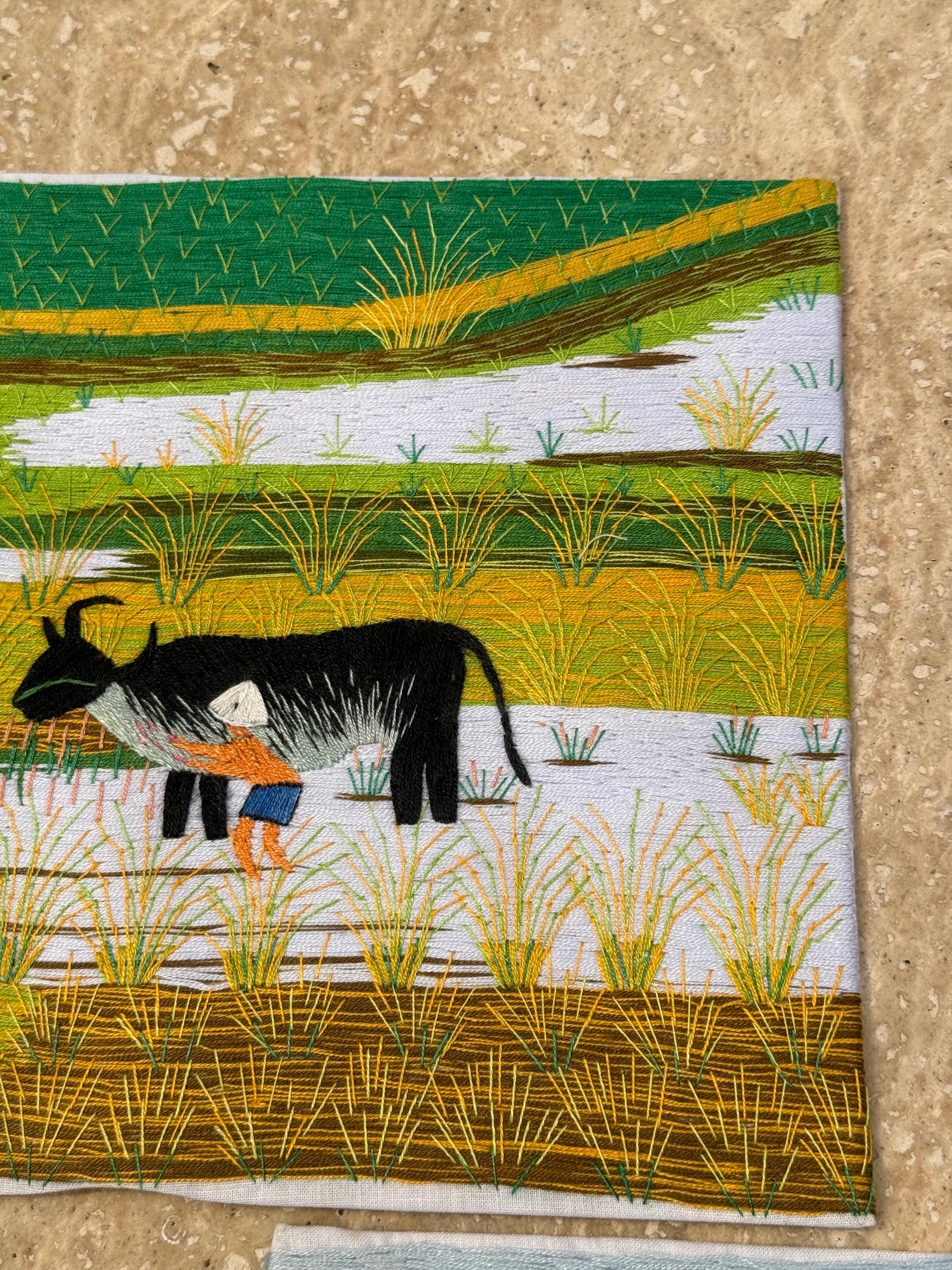 Set of 2 Handmade Embroidered Art Pieces – Harvest & Town Scene – Intricate Thread Detail on Cloth, Ready to Frame