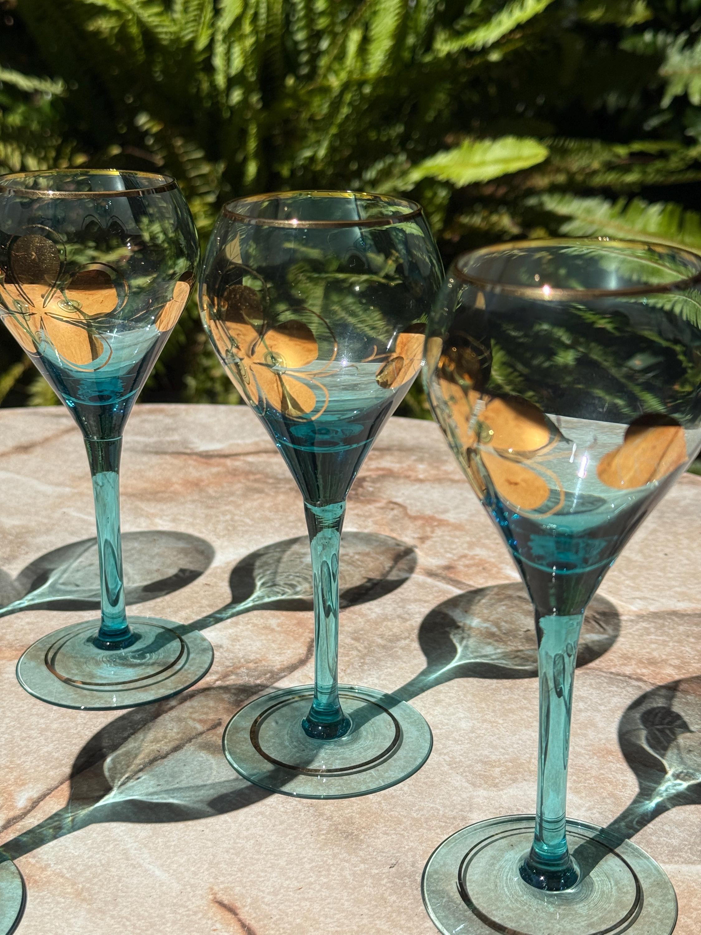 Vintage Bohemian 22K Gold Floral Stemware – Set of 6 Hand-Painted Glasses