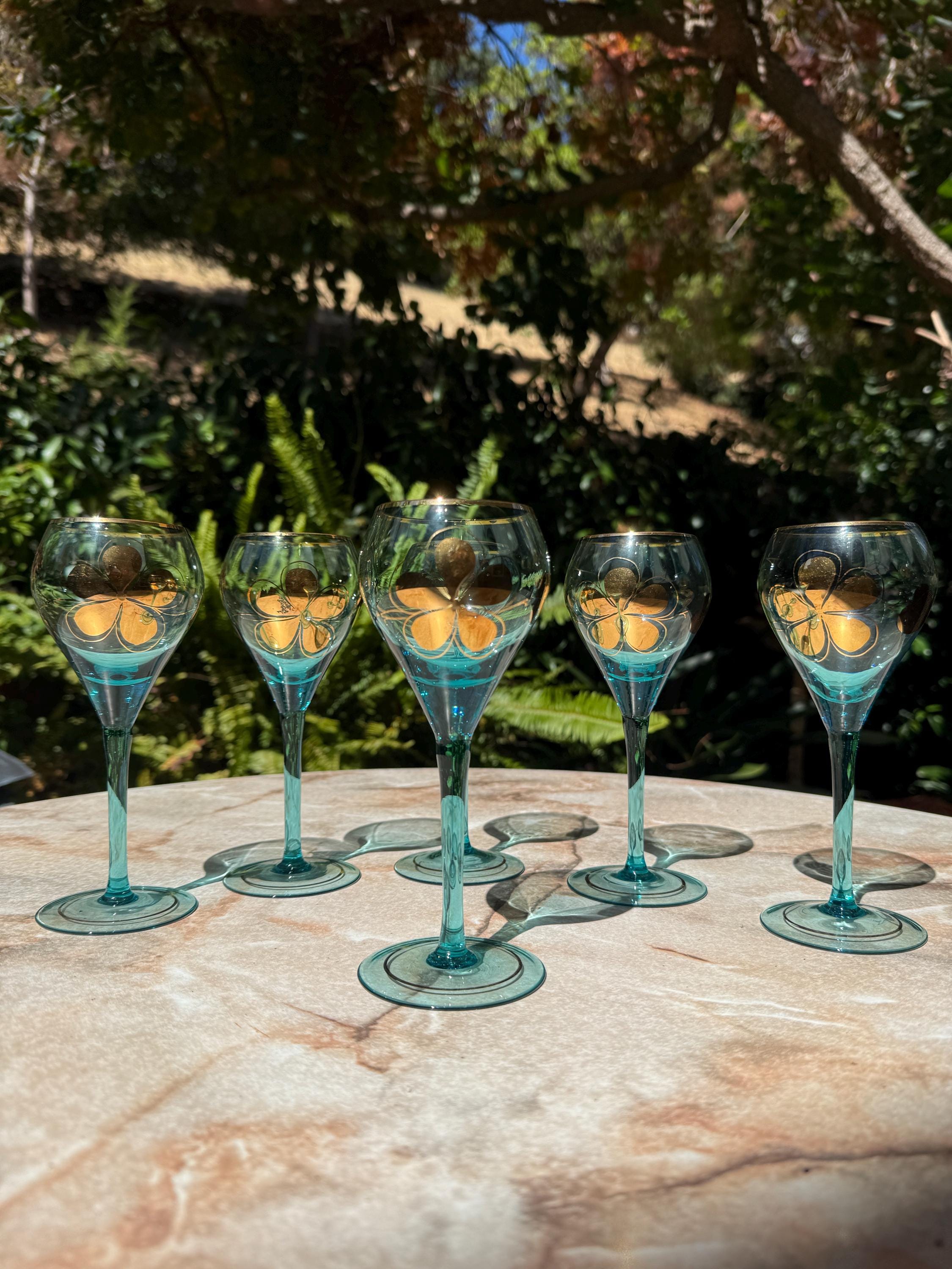 Vintage Bohemian 22K Gold Floral Stemware – Set of 6 Hand-Painted Glasses