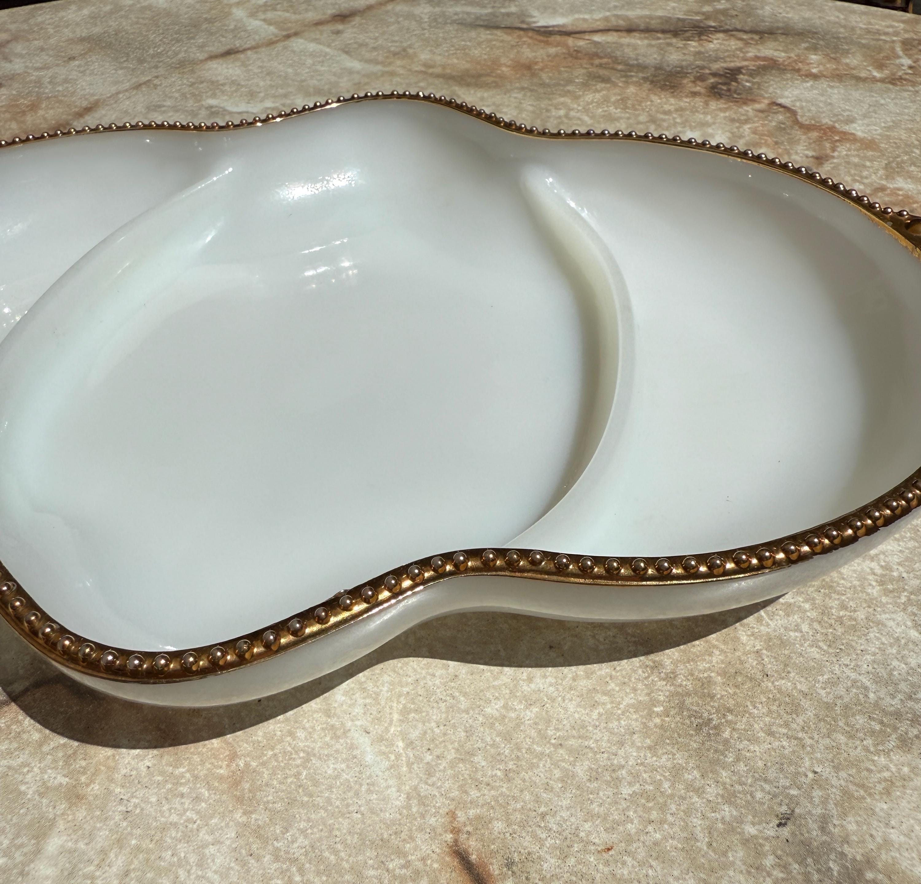 Fire King Milk Glass Divided Dish – Gold Rim, 11” Vintage Anchor Hocking Serving Tray