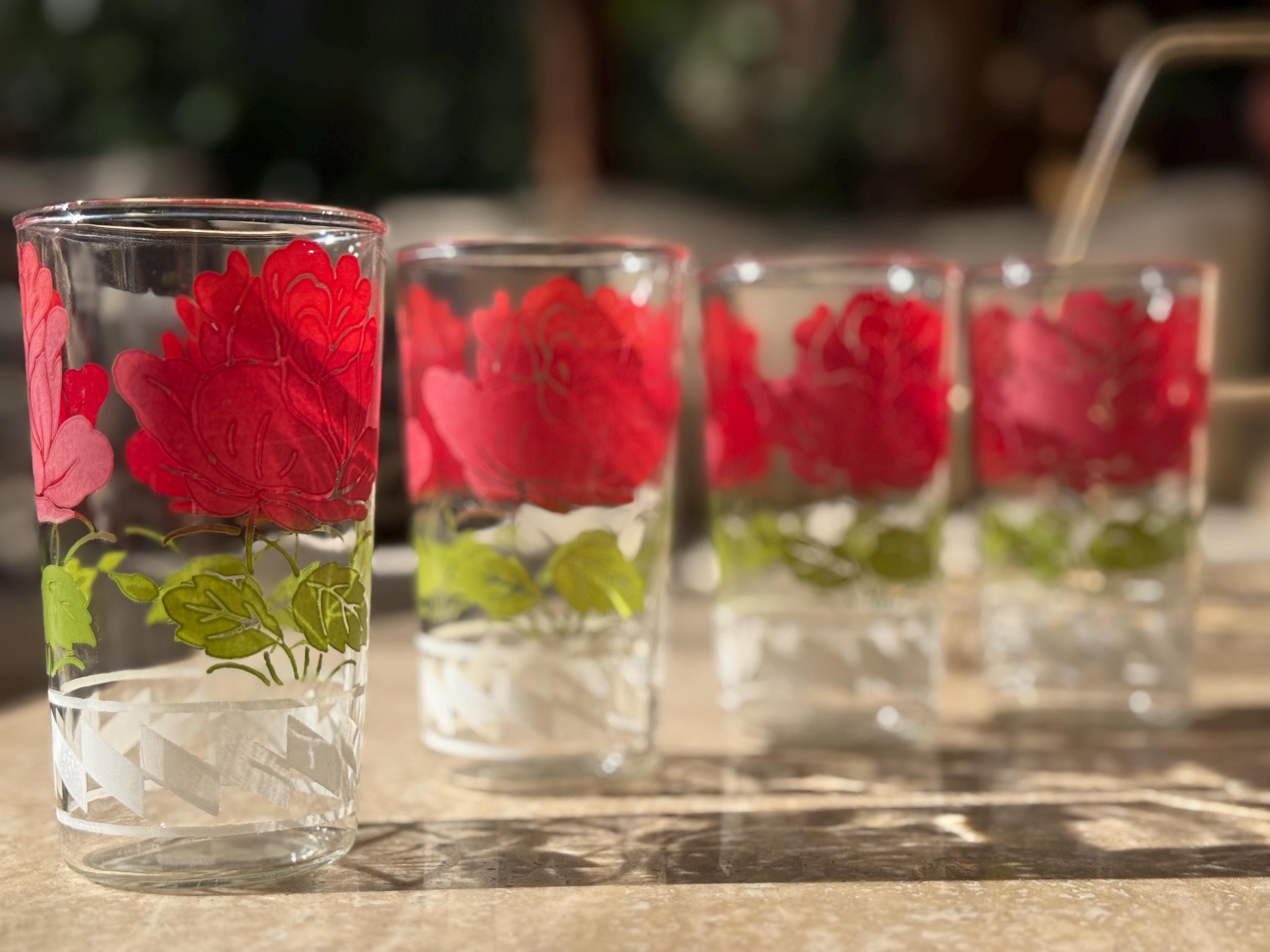 Set of 8 Vintage Glasses in Caddy- 4 Rose Pattern 4 Morning glory Pattern