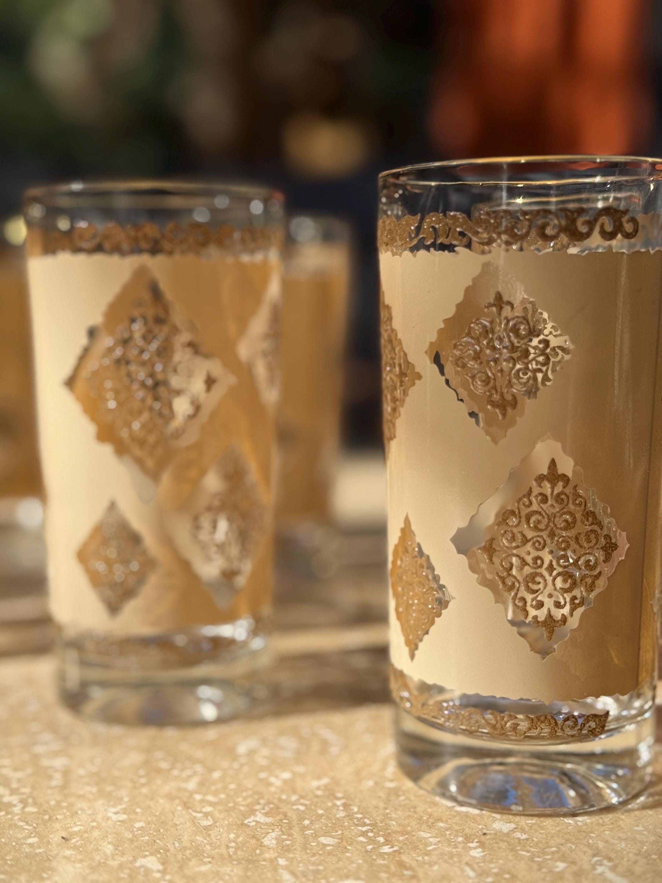 Set of 7 Rare Vintage Cora Cera Painted Scroll Embossed Highball Bar Glasses – Mid-Century Modern Elegance