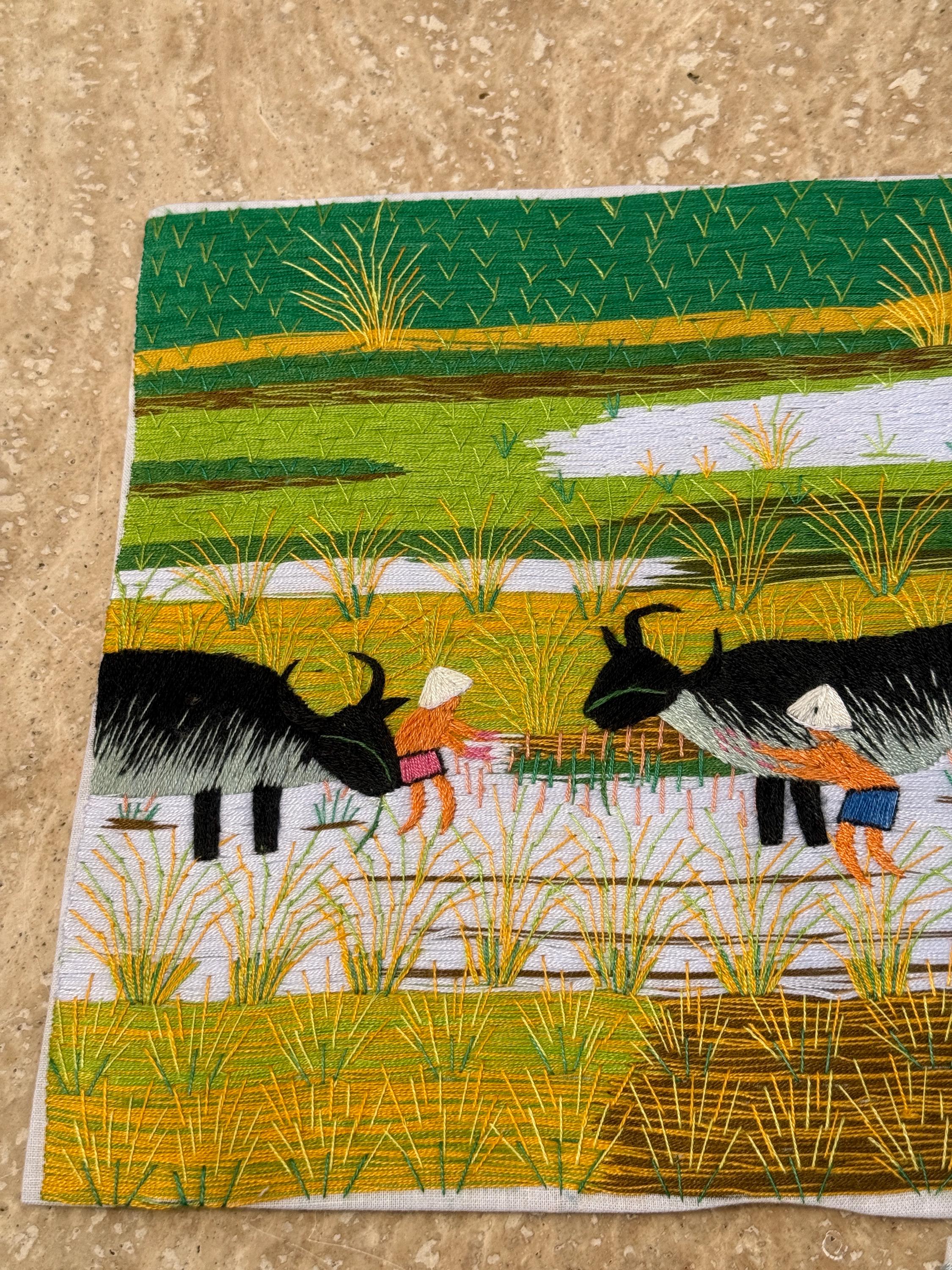 Set of 2 Handmade Embroidered Art Pieces – Harvest & Town Scene – Intricate Thread Detail on Cloth, Ready to Frame