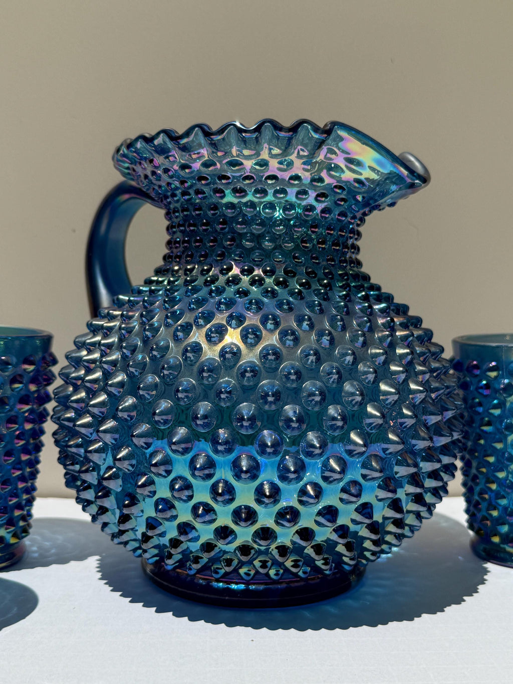 Vintage Fenton Blue Carnival Glass Hobnail Pitcher & Tumbler Set – 5 Piece – Iridescent 1992