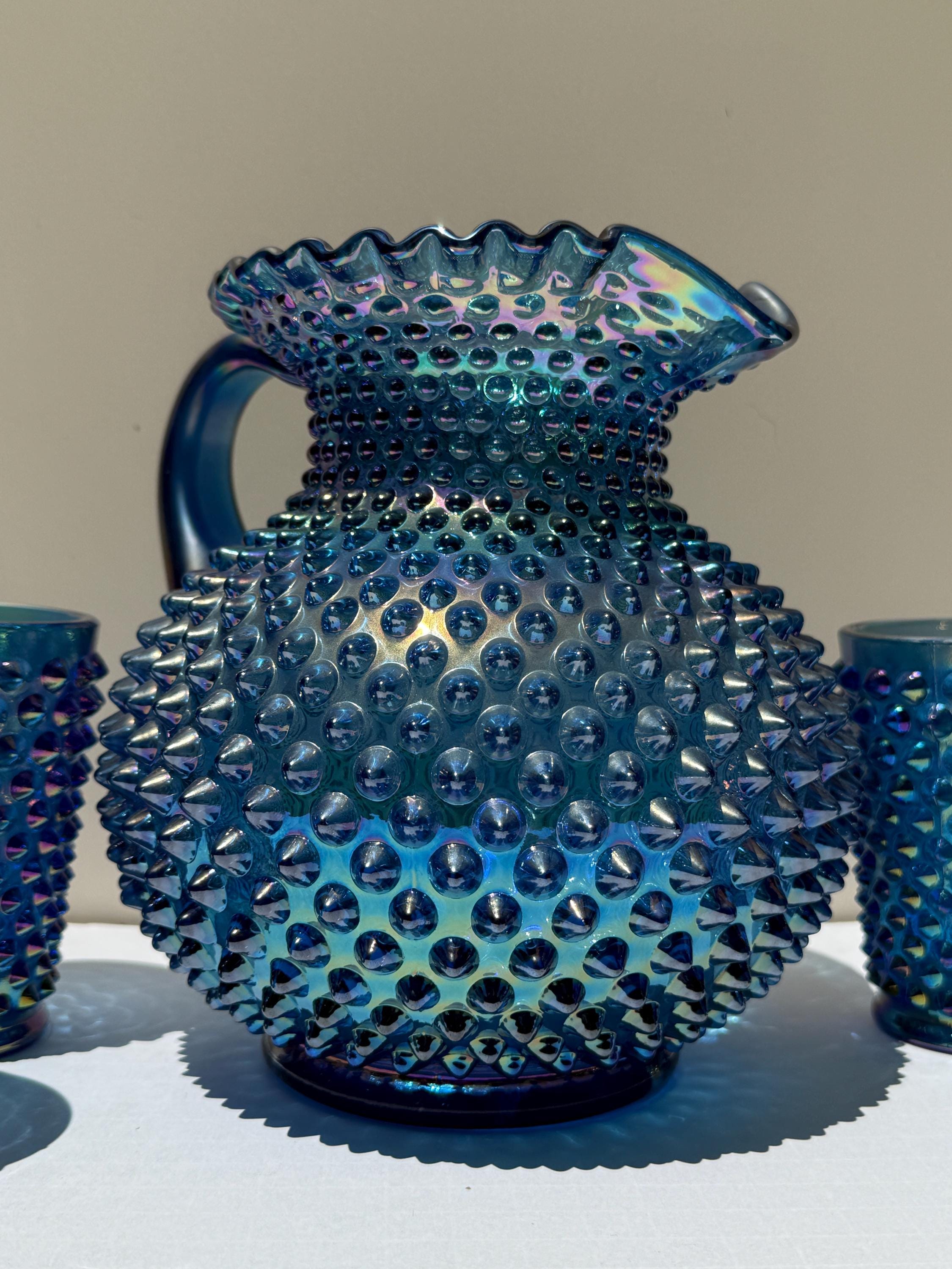 Vintage Fenton Blue Carnival Glass Hobnail Pitcher & Tumbler Set – 5 Piece – Iridescent 1992