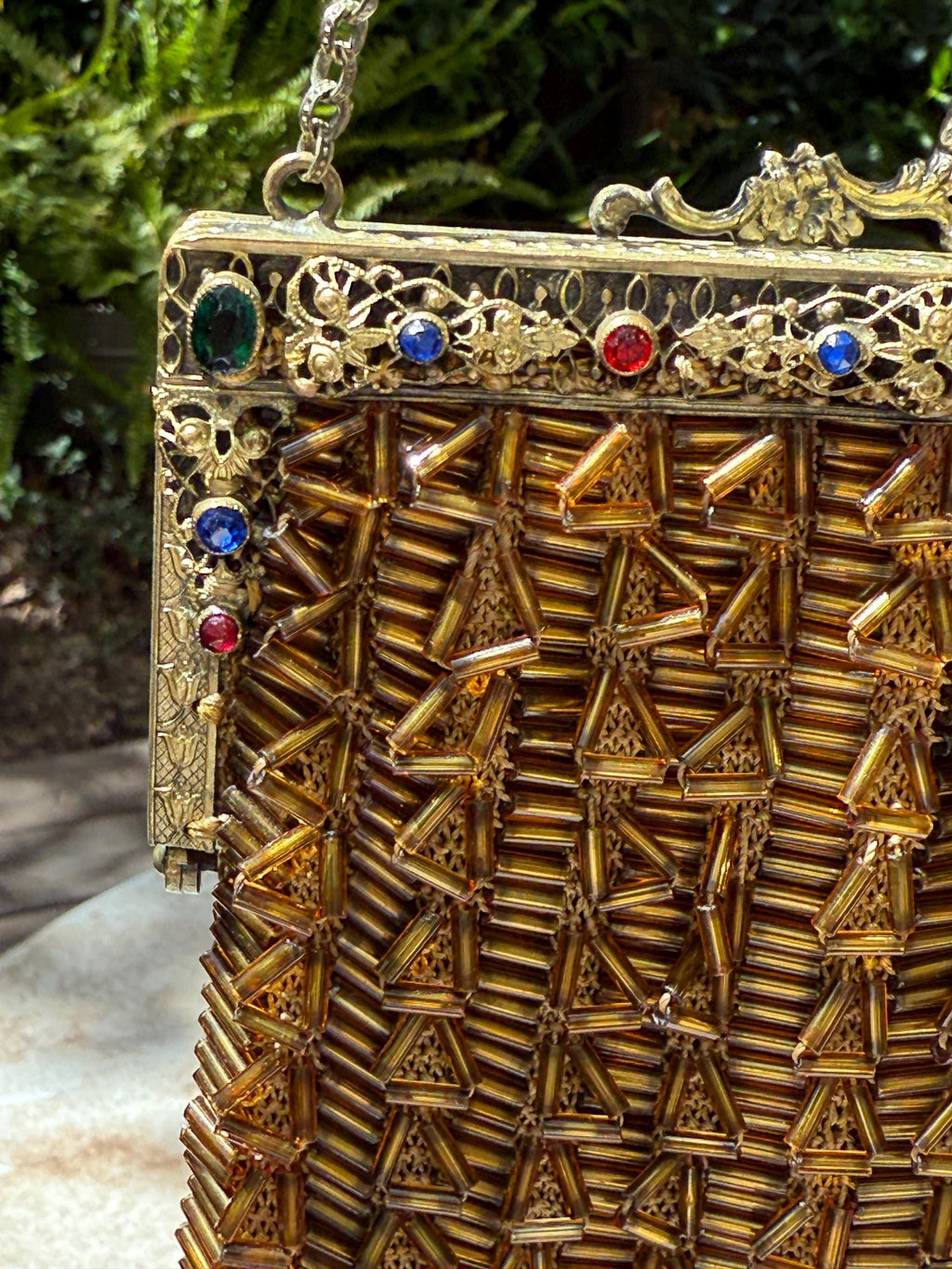 Art Deco Beaded Fringe Evening Bag with Ornate Brass Frame & Silk Interior – 1920s Vintage Glamour
