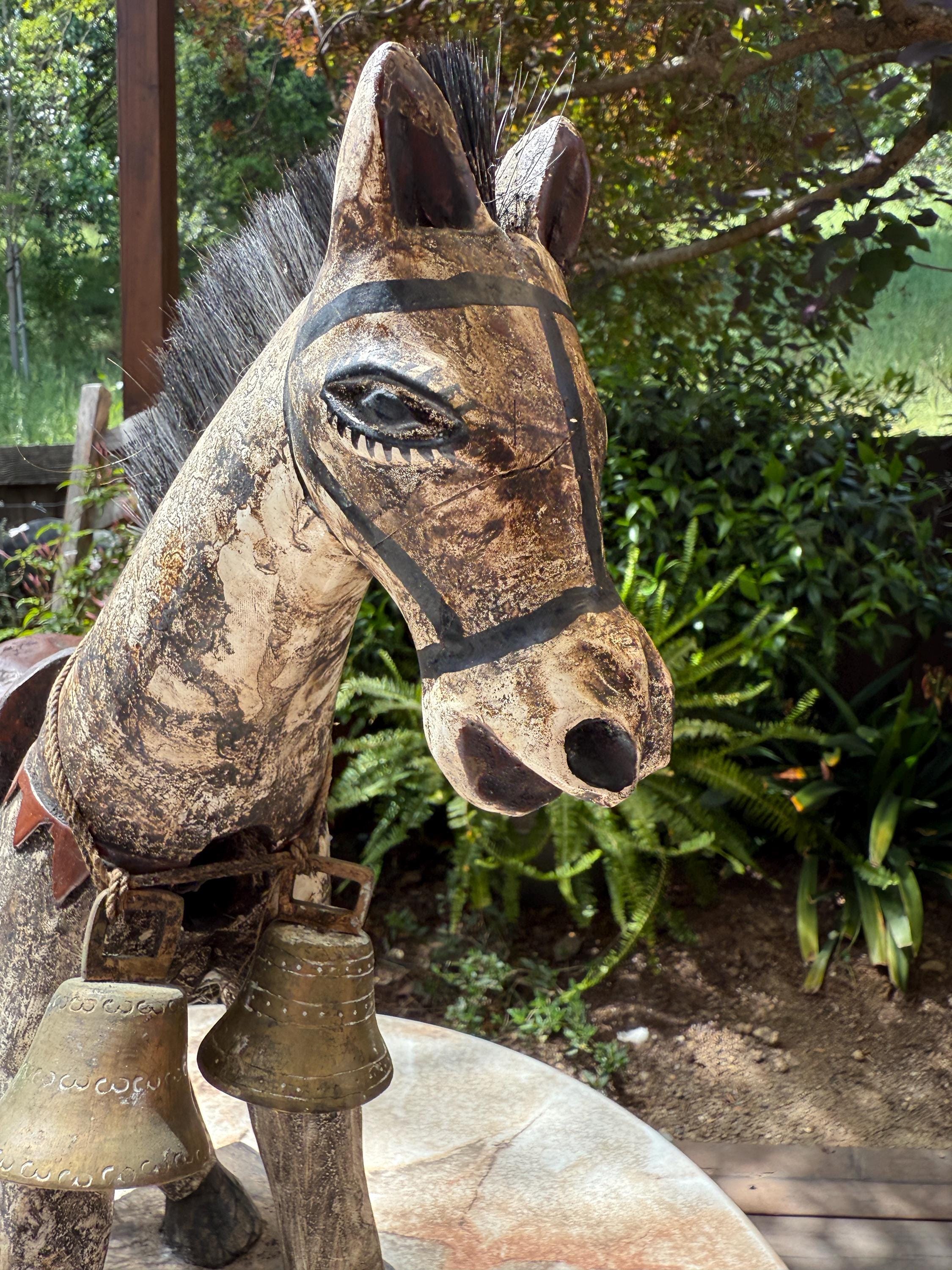 Handmade Carved Wooden Horse/Donkey Statue with Bells – Folk Art from Guatemala – Rustic Decor