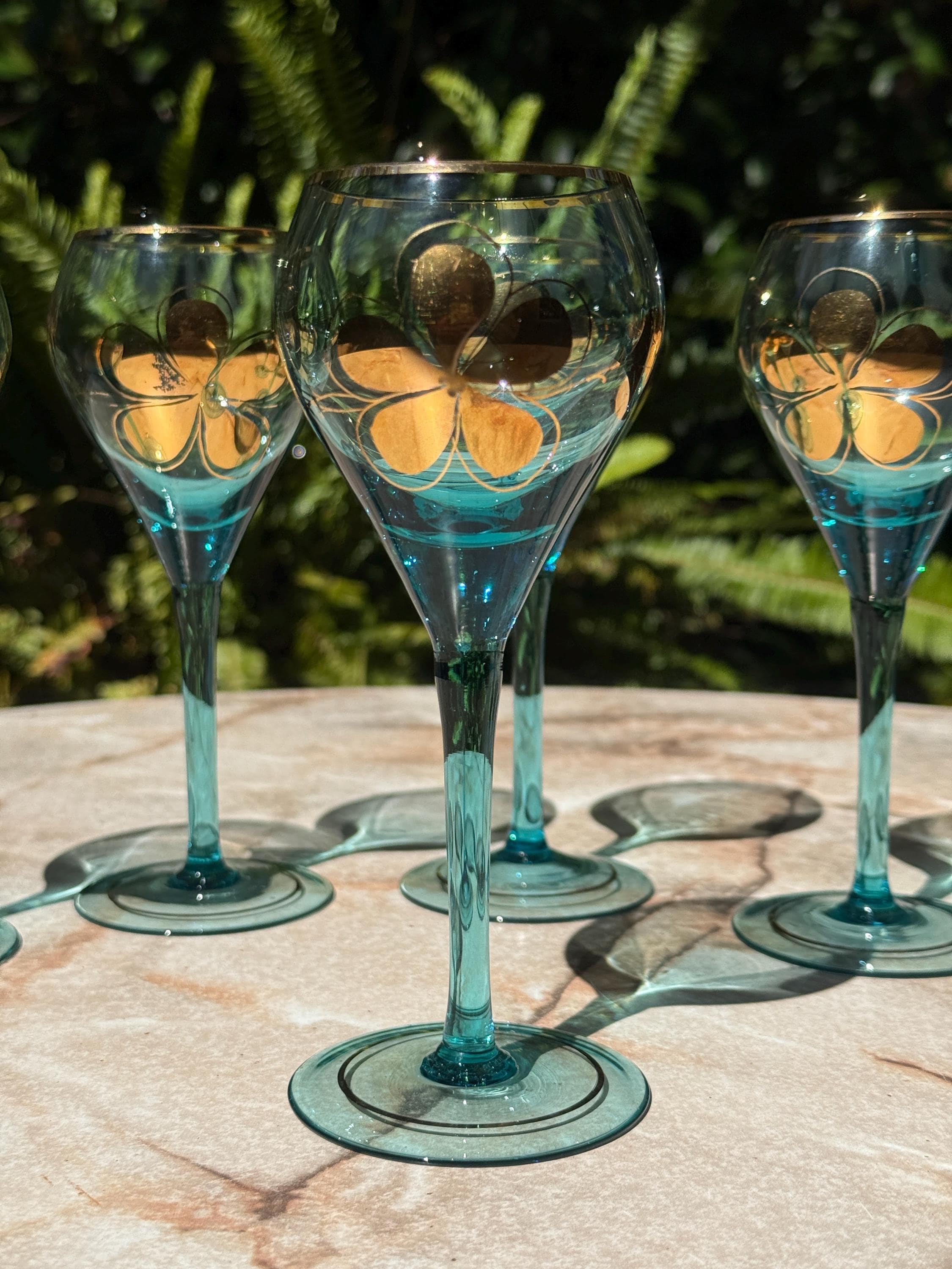 Vintage Bohemian 22K Gold Floral Stemware – Set of 6 Hand-Painted Glasses