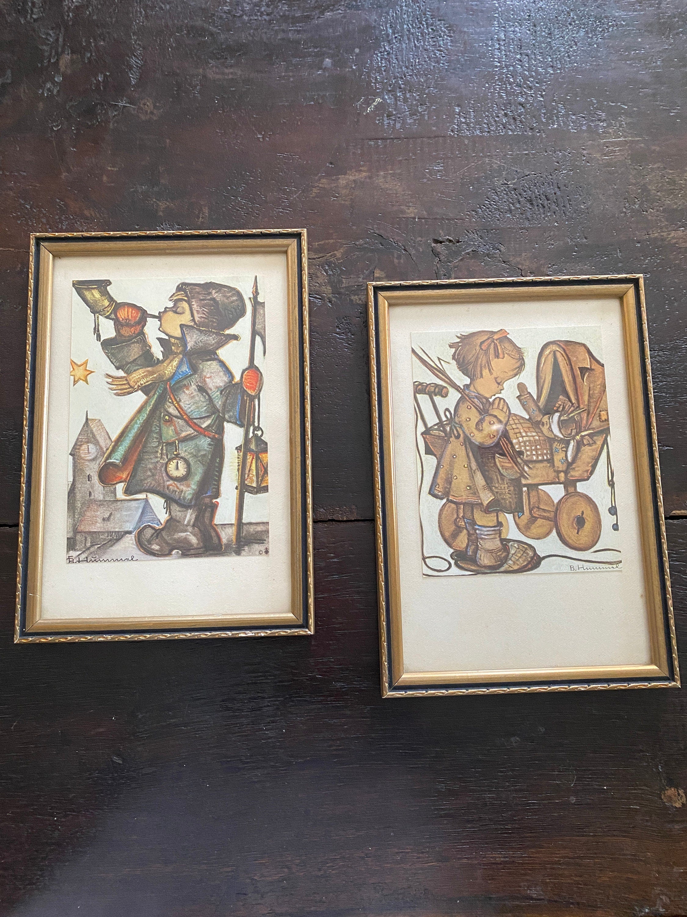 Vintage 1950s Hummel Pencil Drawing Prints in Hanging Frames - Set of 2