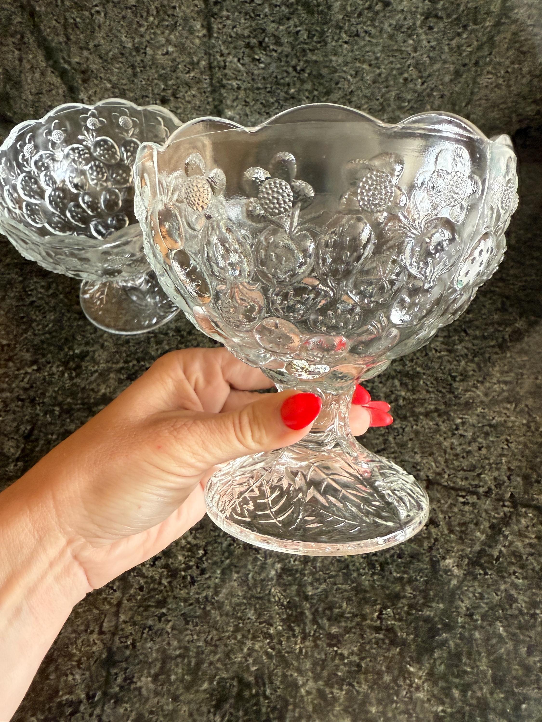 Vintage MCM Pressed Glass Fruit Bowls – Pair with Strawberry & Floral Detail, Scalloped Edge, 5x5