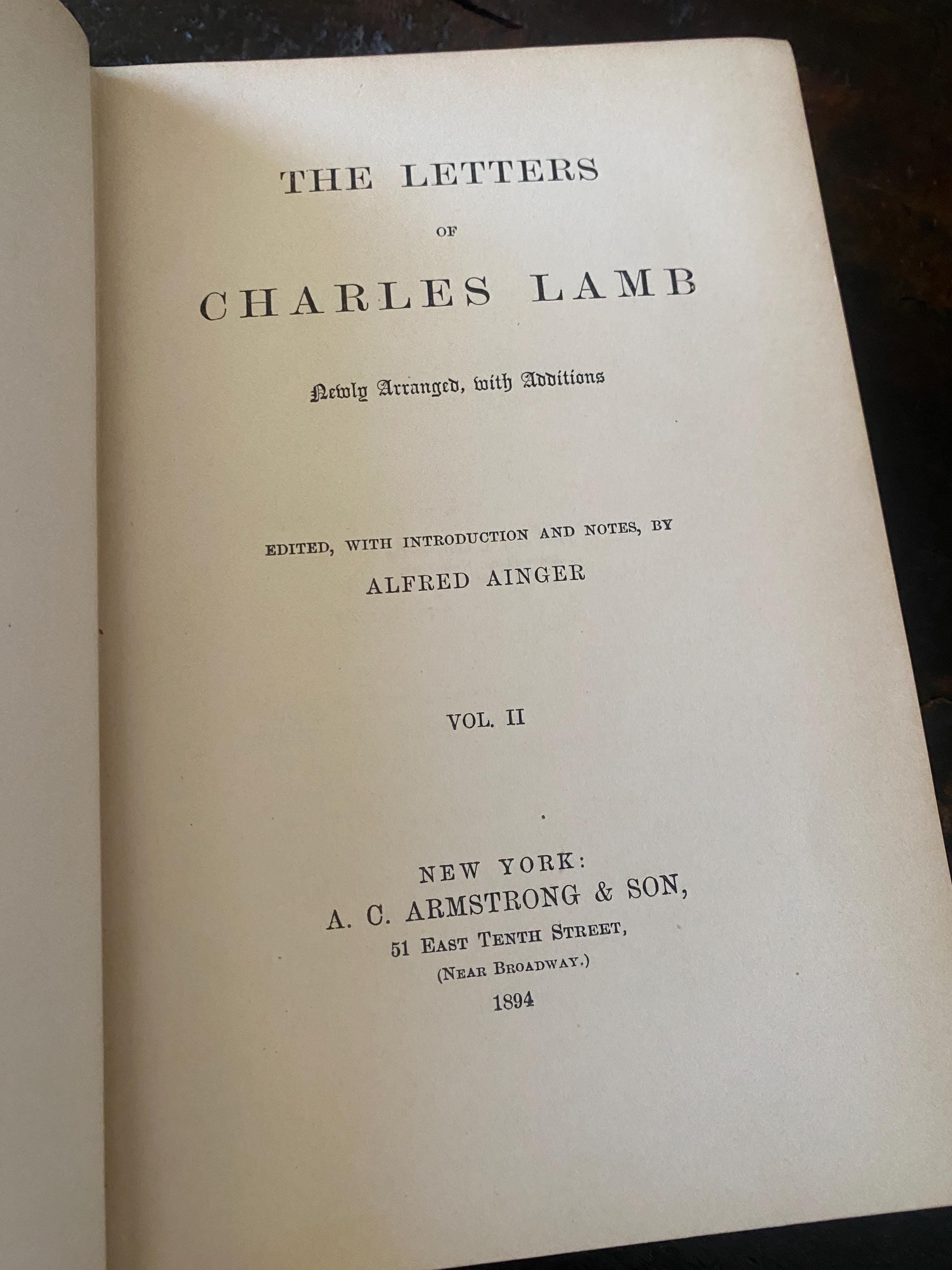 1894- Volume 2 - The Letters of Lamb - Charles Lamb- A.C Armstrong & Son Publishing. Antique book