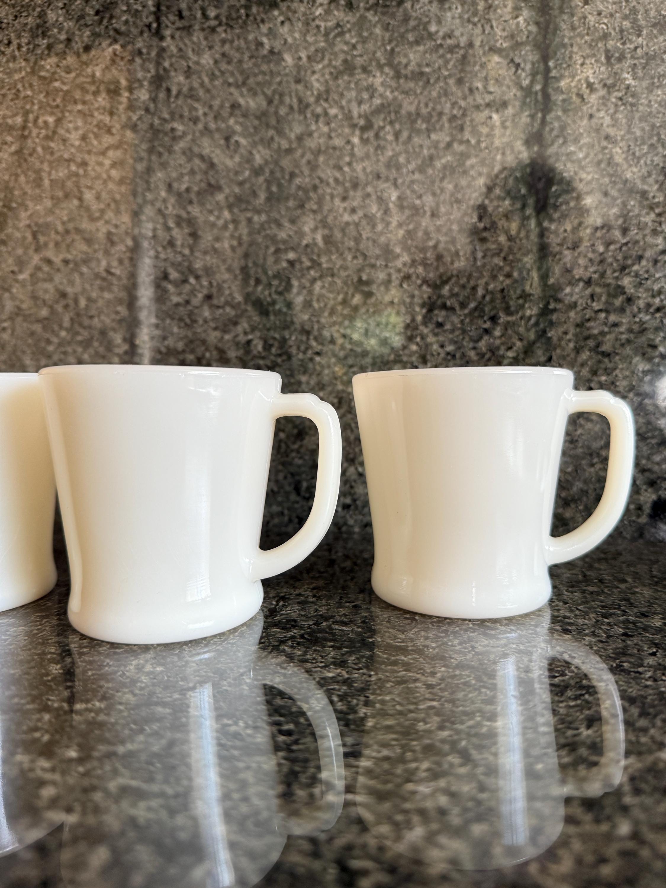 Vintage Fire King Ivory D-Handle Mug Set of 4 – Anchor Hocking Milk Glass Coffee Cups – 3.5” Tall – Mid Century Kitchen Decor