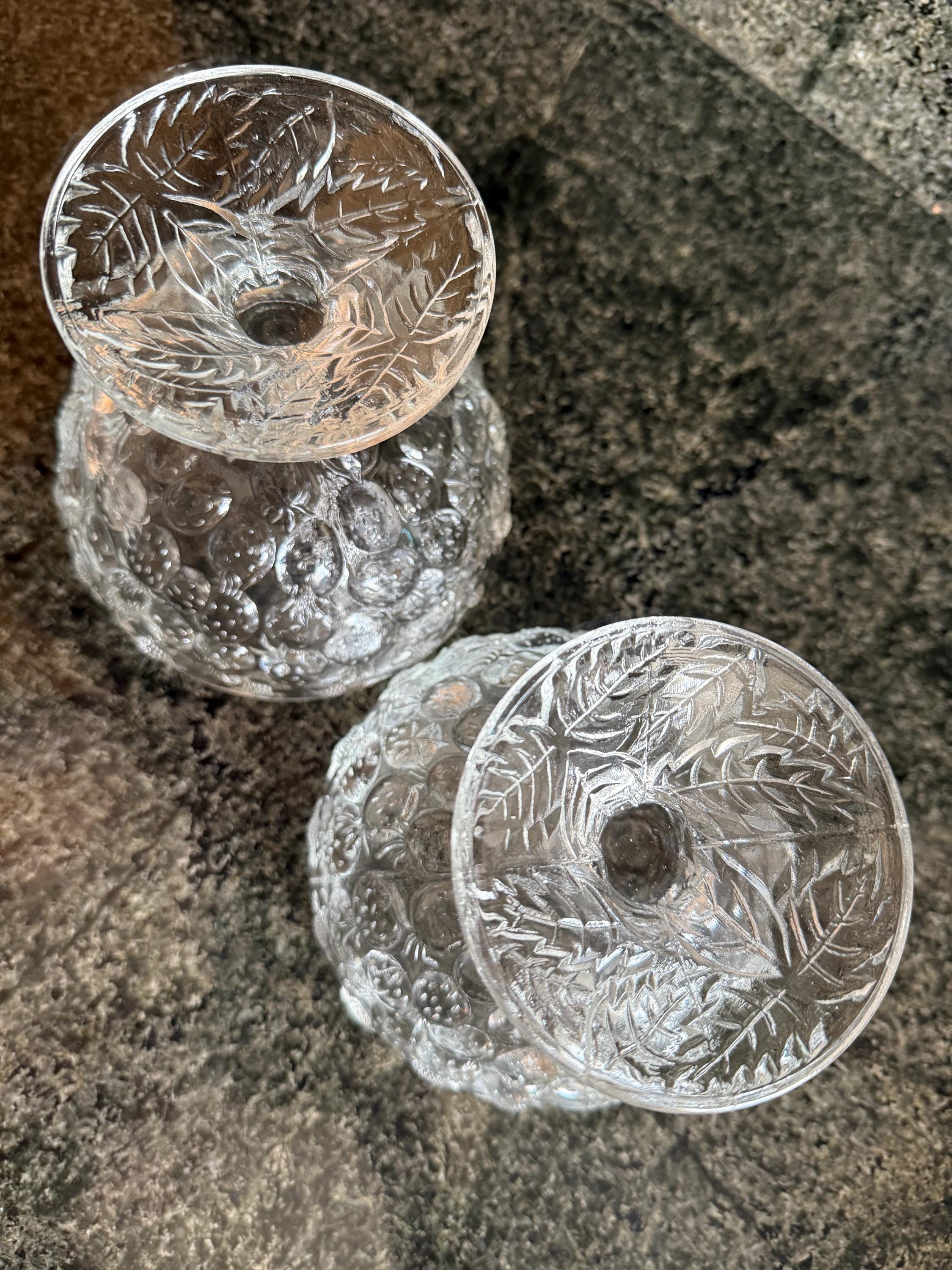 Vintage MCM Pressed Glass Fruit Bowls – Pair with Strawberry & Floral Detail, Scalloped Edge, 5x5
