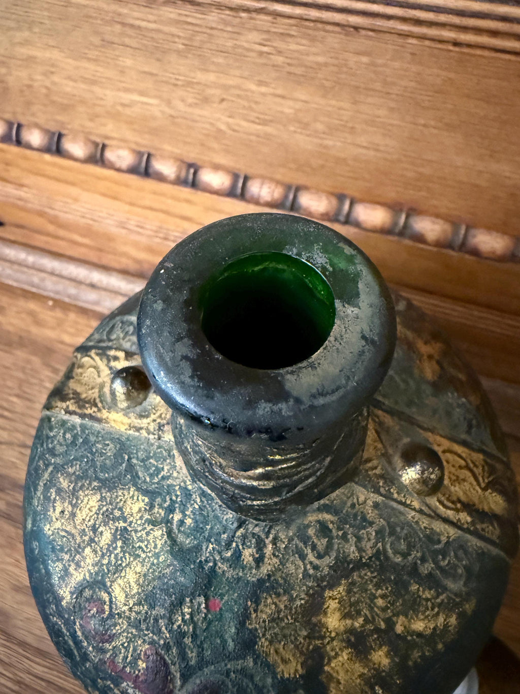 Vintage Leather Wrapped Green Glass Bottle Decanter – Embossed Fleur-de-Lis Design – 11” Tall