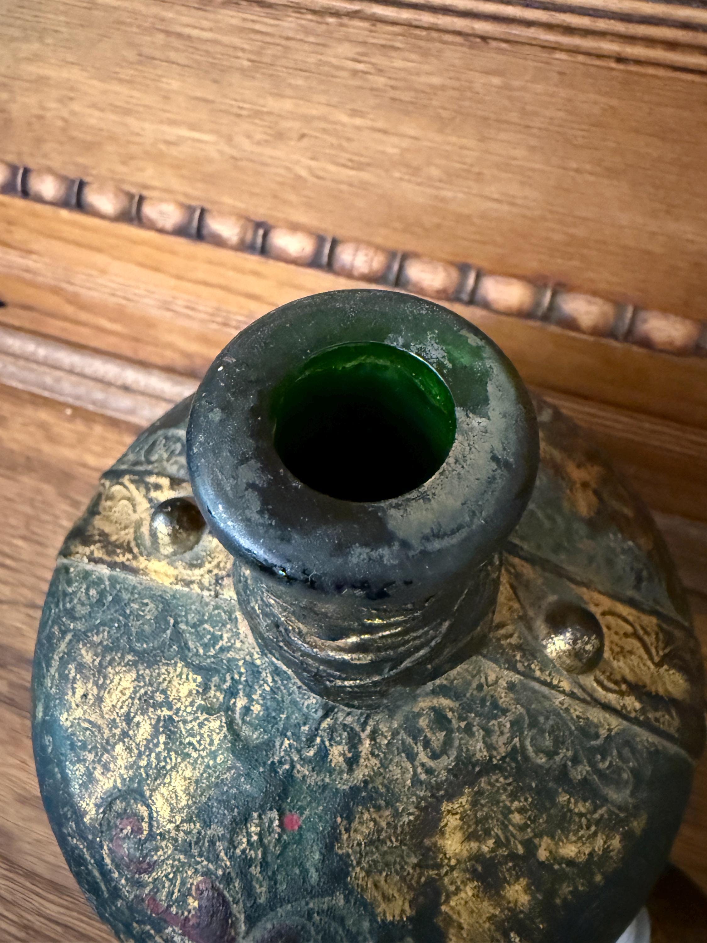 Vintage Leather Wrapped Green Glass Bottle Decanter – Embossed Fleur-de-Lis Design – 11” Tall