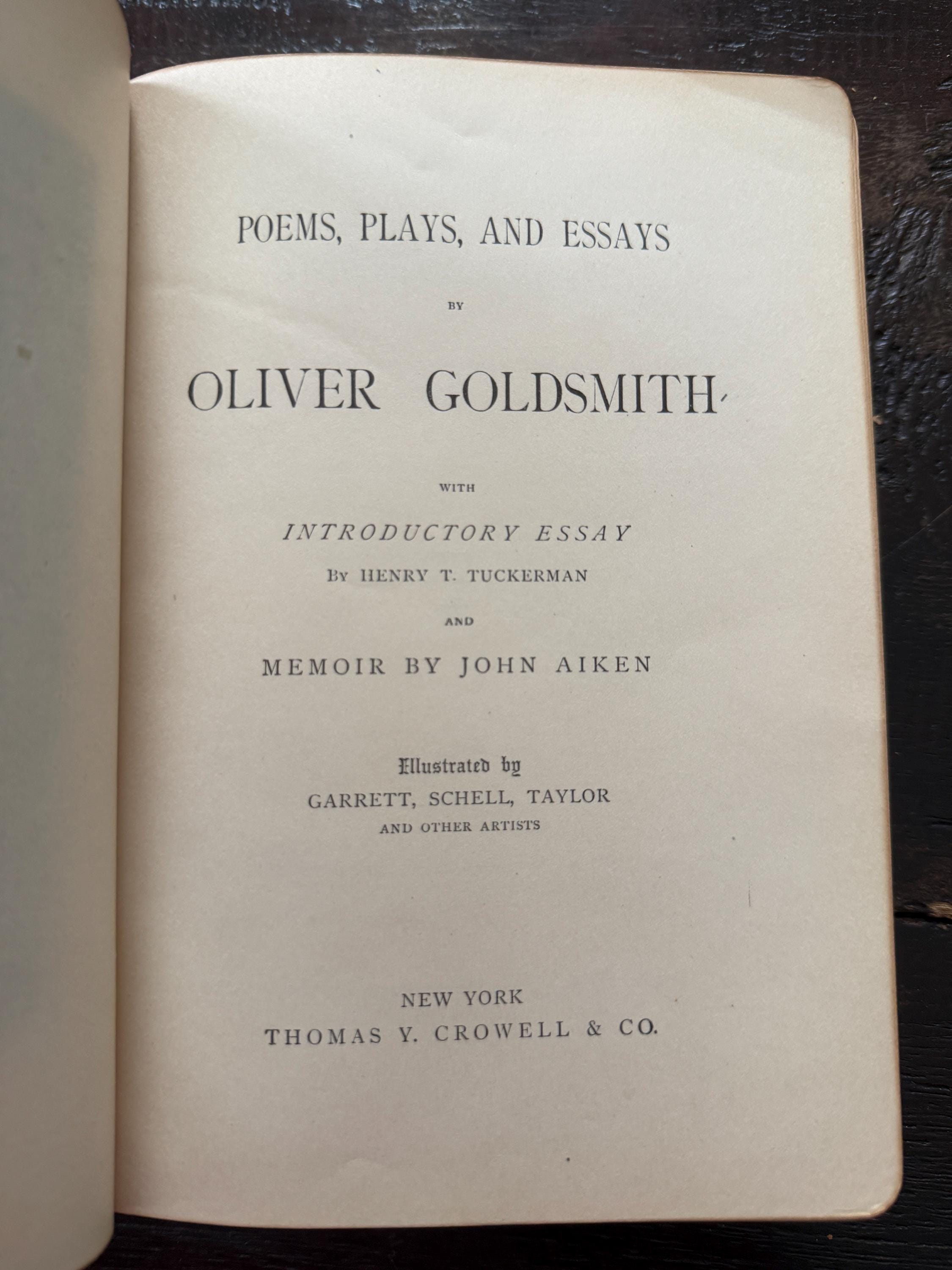 1884 Poems, Plays, and Essays by Oliver Goldsmith – Leather Bound, Gilt Pages, Published by Thomas Y. Crowell & Co.
