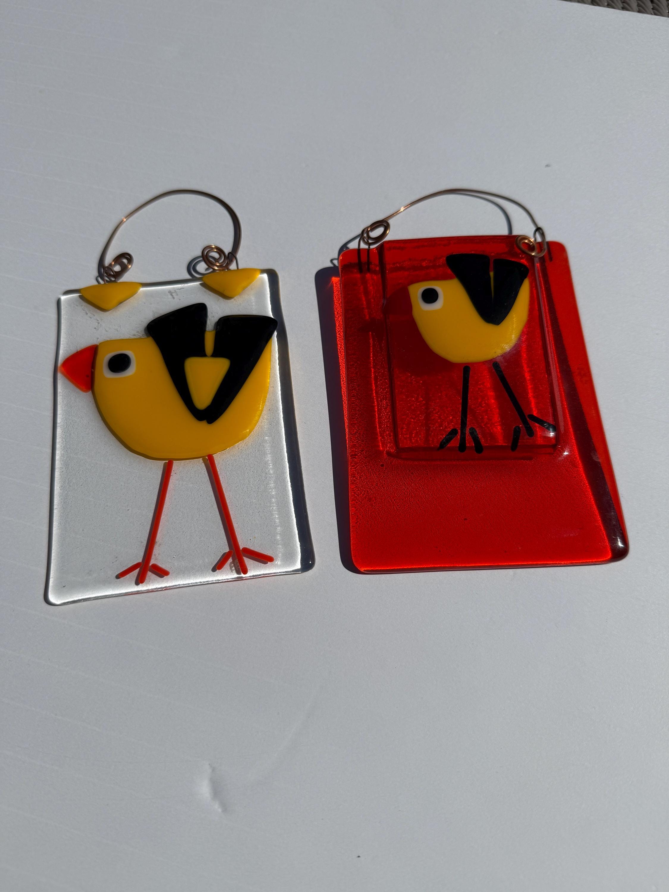 Pair of Handblown Glass Bird Suncatchers – One Pocketed for Water & Fresh Flowers – Twisted Copper Wire Hanger