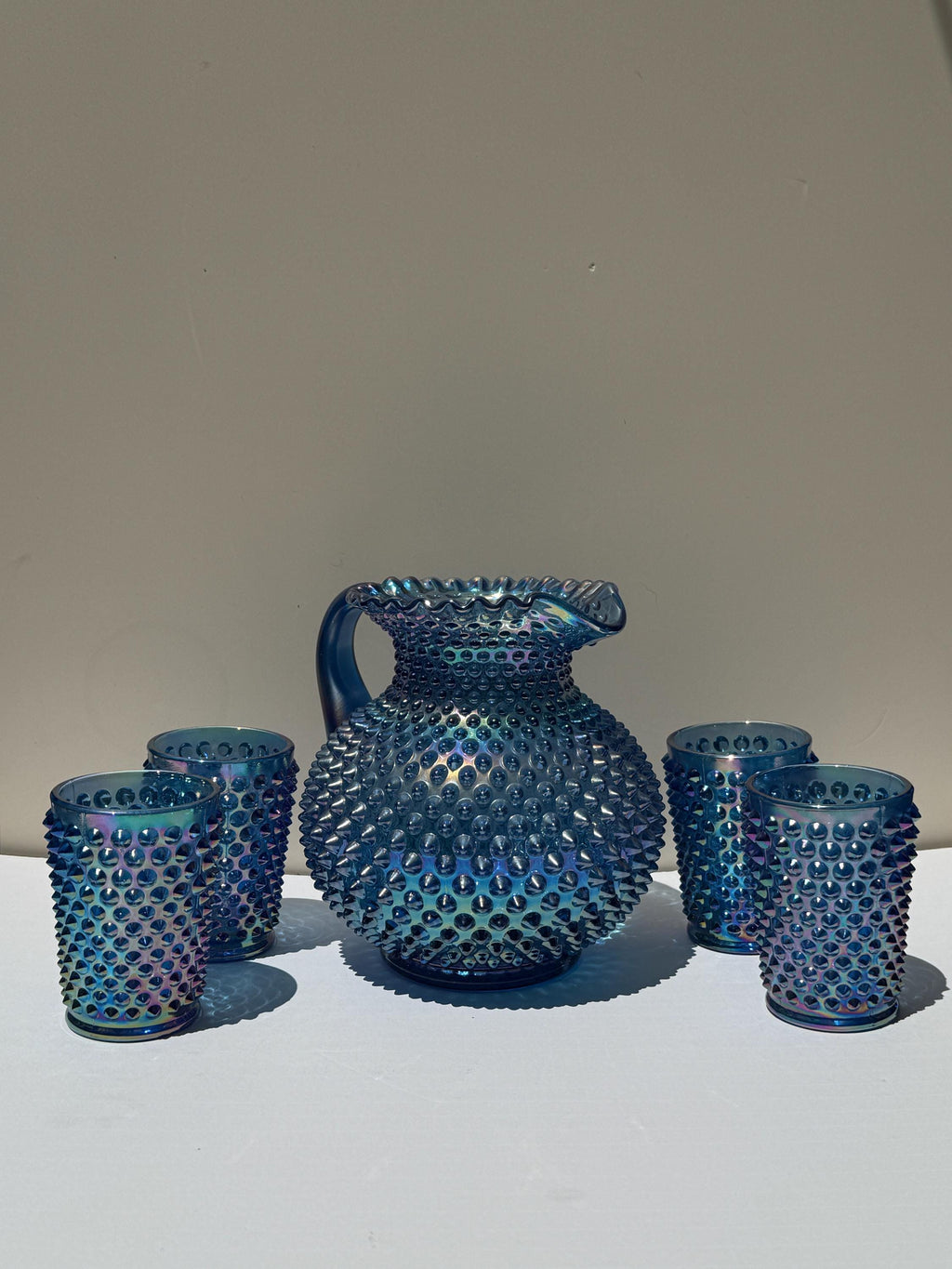 Vintage Fenton Blue Carnival Glass Hobnail Pitcher & Tumbler Set – 5 Piece – Iridescent 1992