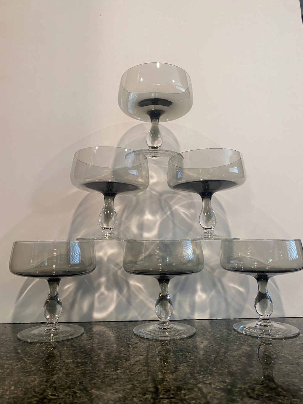 Pair of MCM Crystal Smoke Colored Champagne Glasses / Coupes / wedding gift/ hostess gift / Birthday / Housewarming