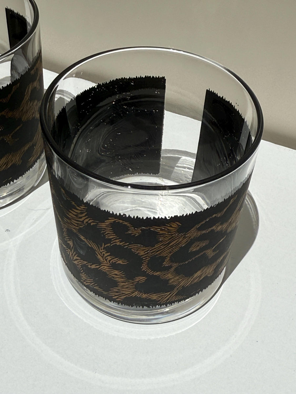 Set of 4 Vintage Leopard Print Lowball Glasses – Matte Black & Gold – Old Fashioned Whiskey Glasses