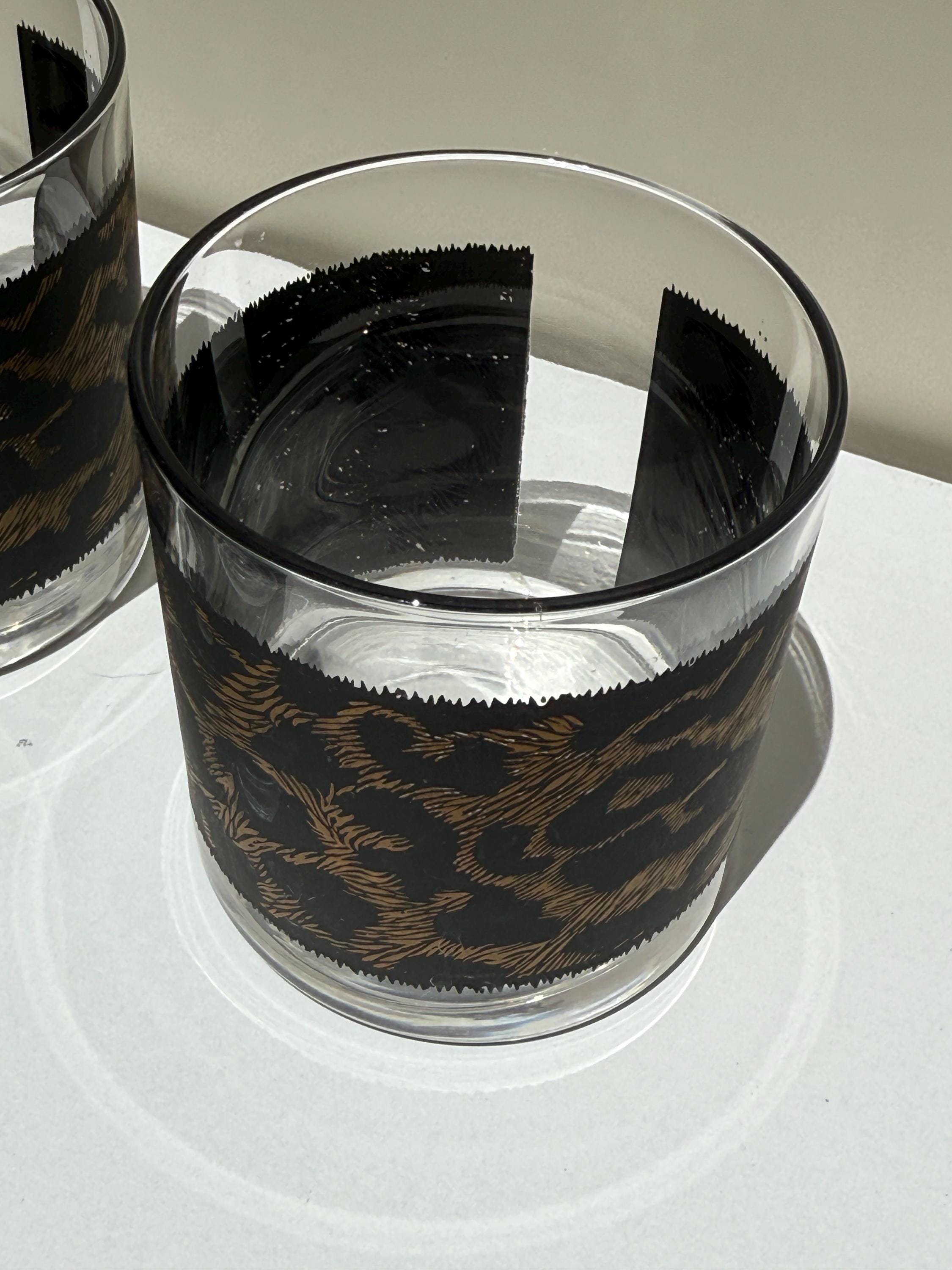 Set of 4 Vintage Leopard Print Lowball Glasses – Matte Black & Gold – Old Fashioned Whiskey Glasses
