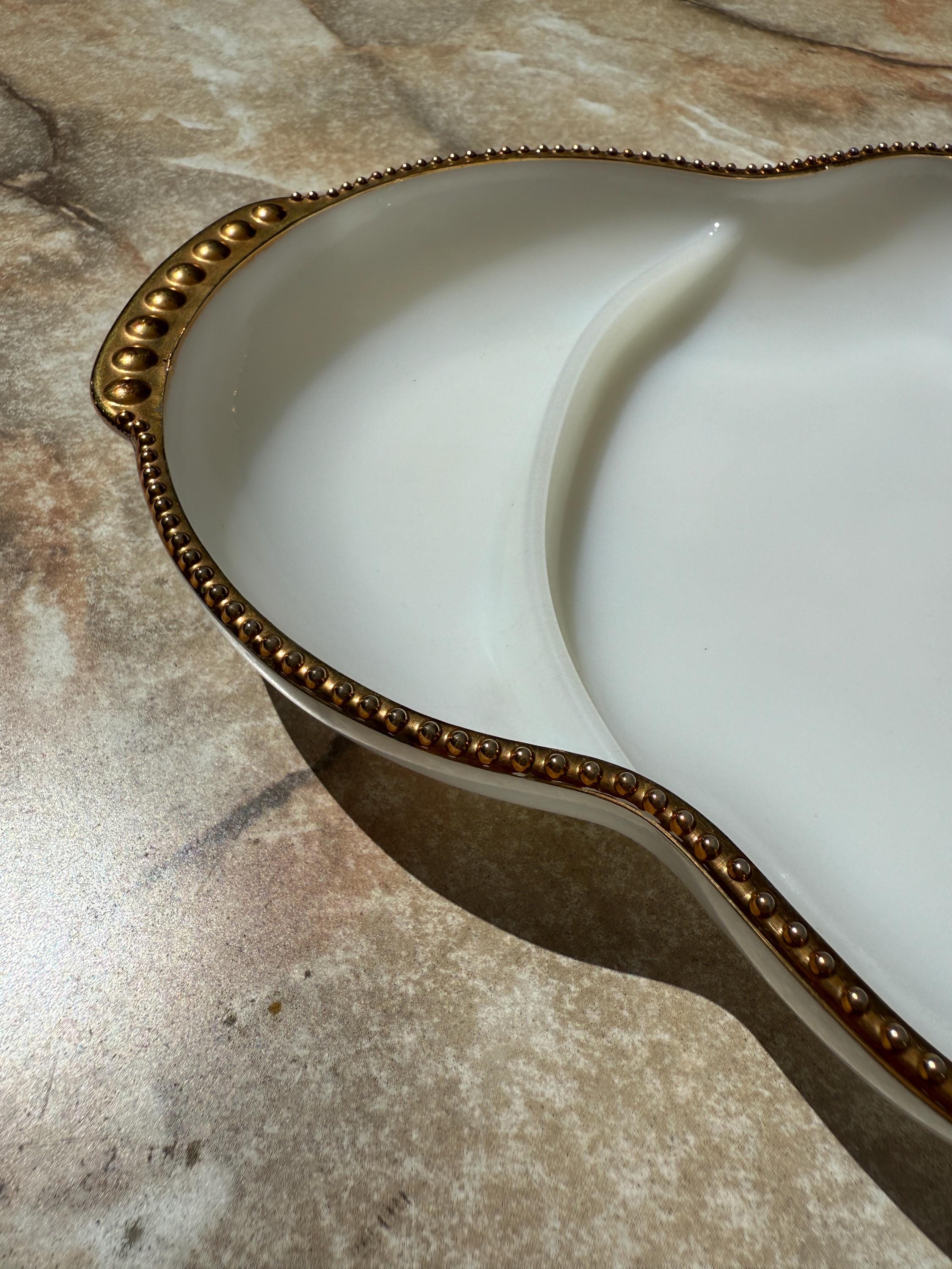 Fire King Milk Glass Divided Dish – Gold Rim, 11” Vintage Anchor Hocking Serving Tray