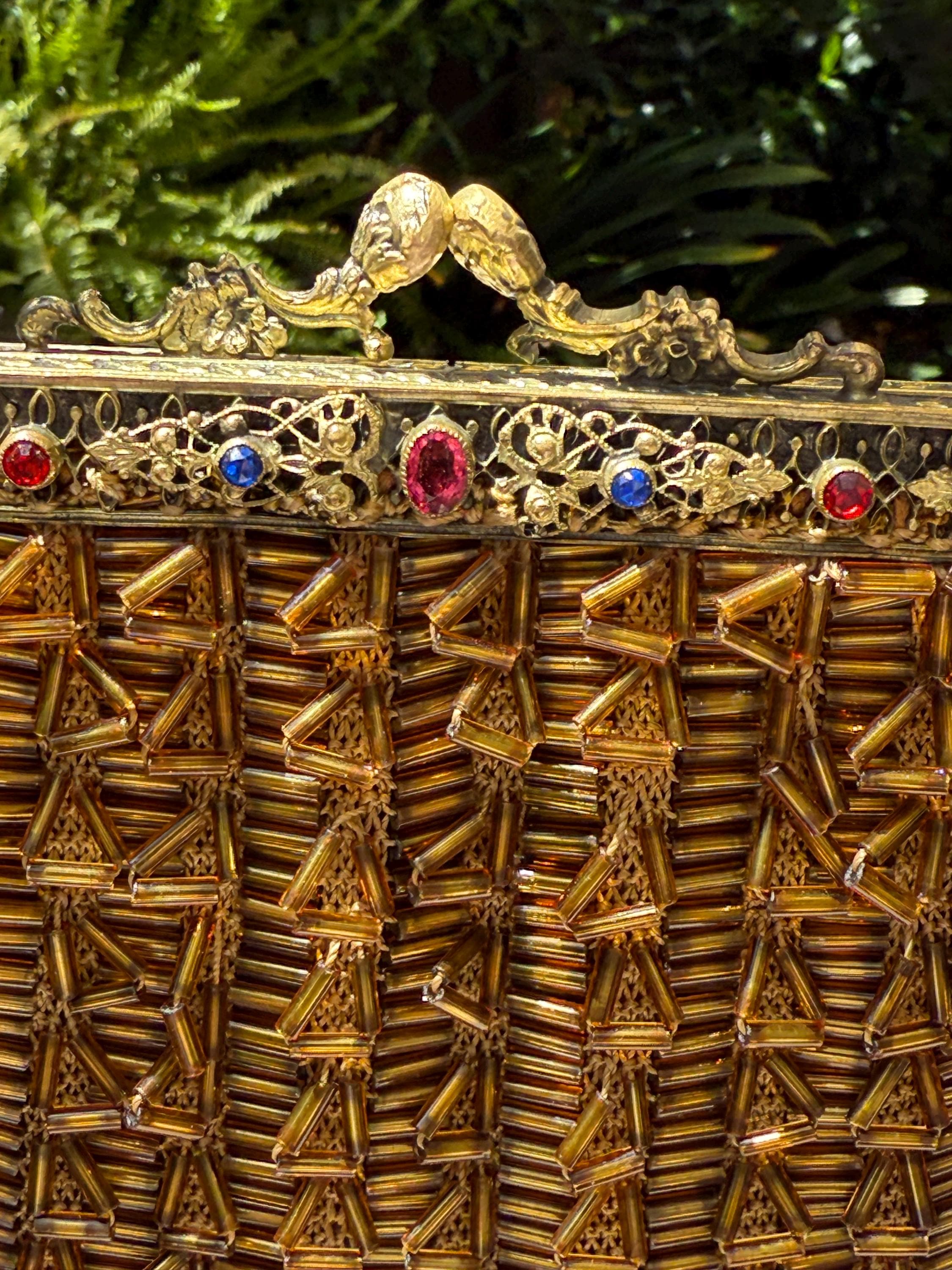 Art Deco Beaded Fringe Evening Bag with Ornate Brass Frame & Silk Interior – 1920s Vintage Glamour