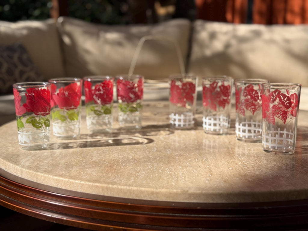 Set of 8 Vintage Glasses in Caddy- 4 Rose Pattern 4 Morning glory Pattern