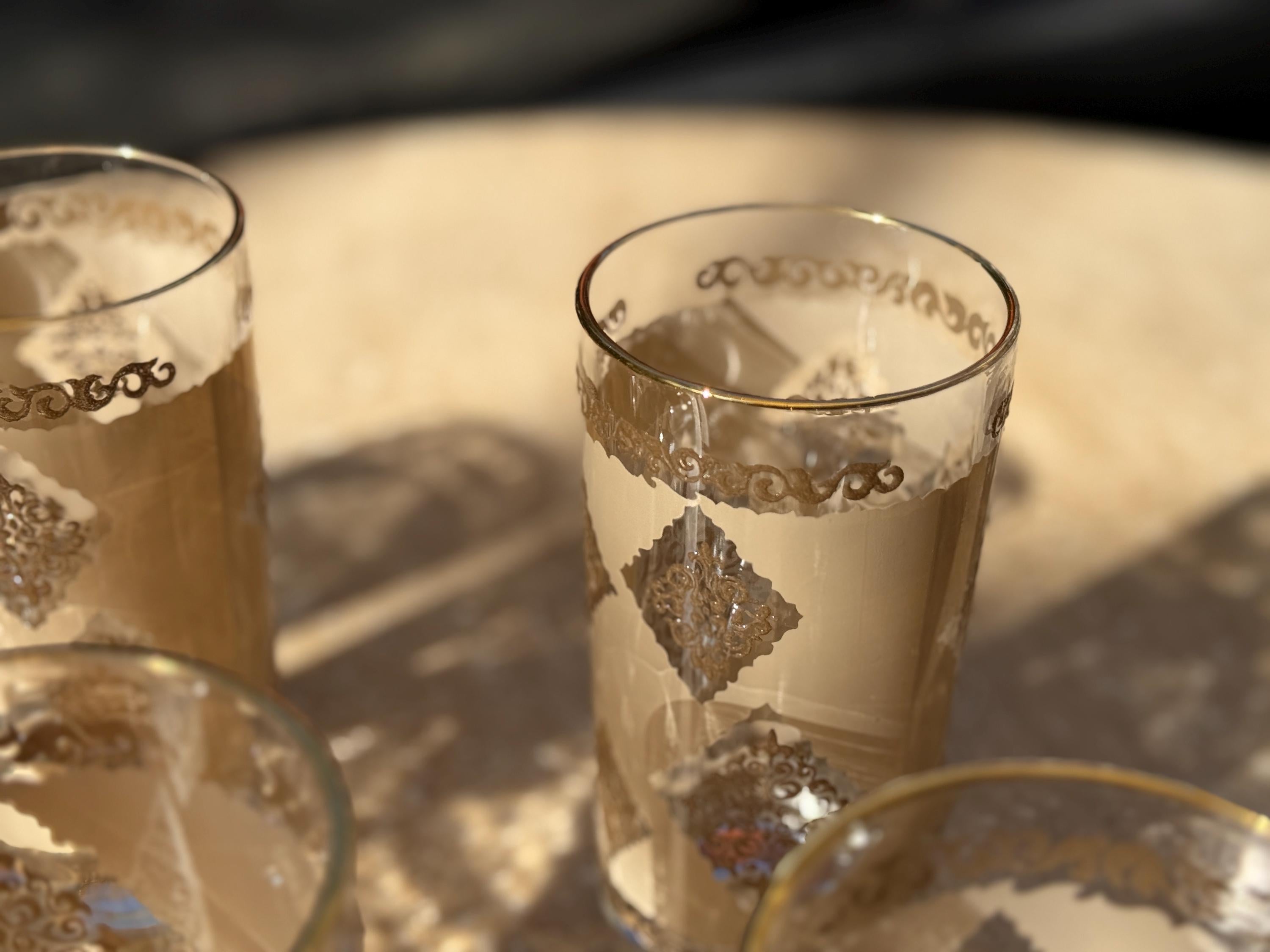 Set of 7 Rare Vintage Cora Cera Painted Scroll Embossed Highball Bar Glasses – Mid-Century Modern Elegance