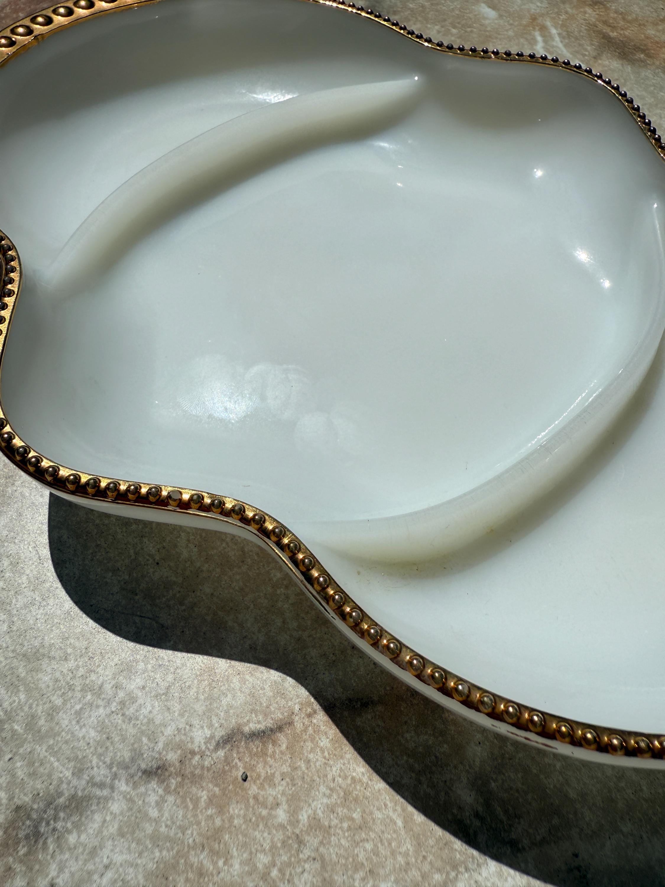 Fire King Milk Glass Divided Dish – Gold Rim, 11” Vintage Anchor Hocking Serving Tray