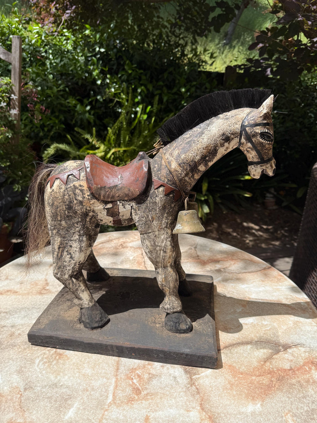 Handmade Carved Wooden Horse/Donkey Statue with Bells – Folk Art from Guatemala – Rustic Decor