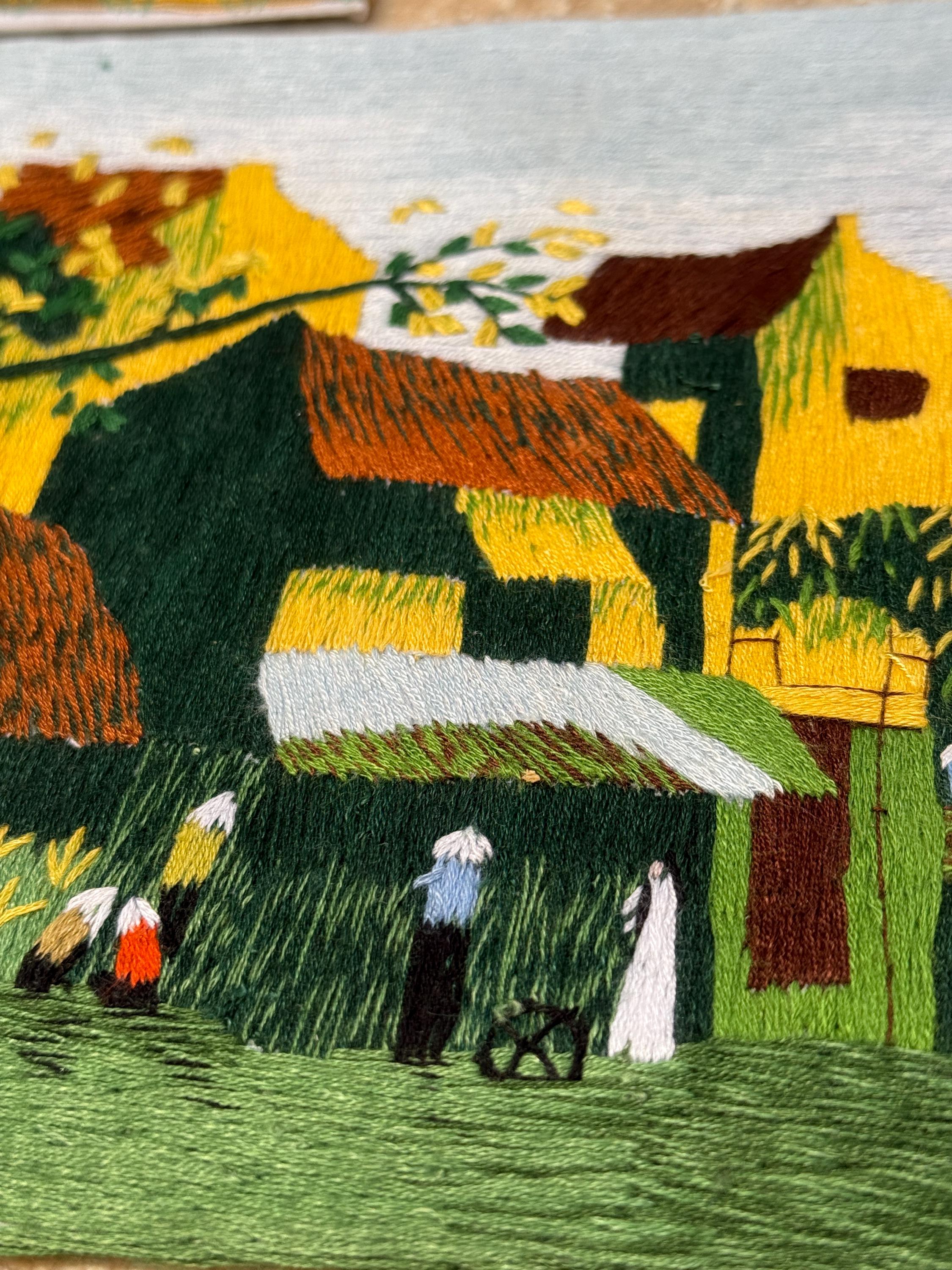 Set of 2 Handmade Embroidered Art Pieces – Harvest & Town Scene – Intricate Thread Detail on Cloth, Ready to Frame