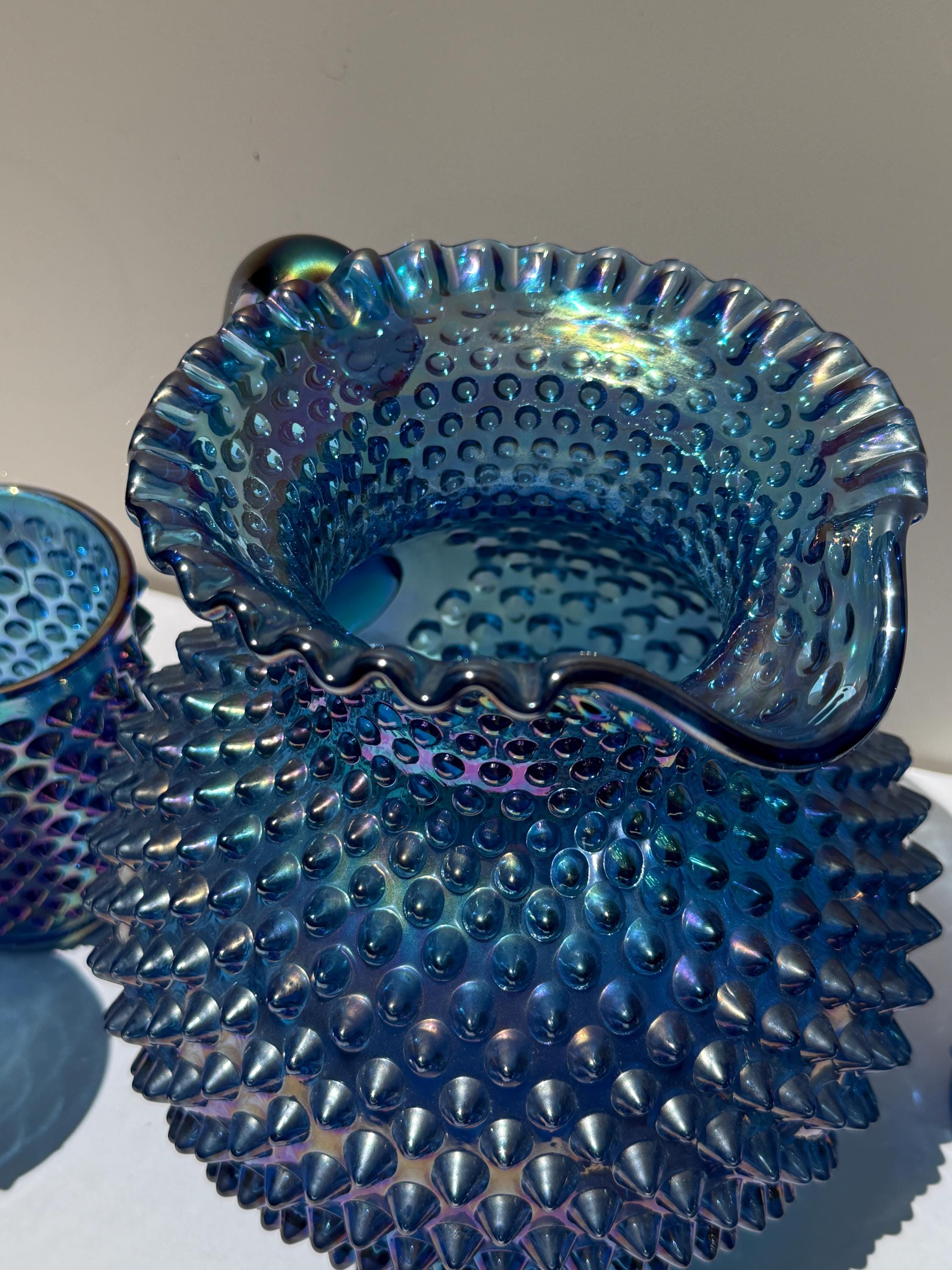 Vintage Fenton Blue Carnival Glass Hobnail Pitcher & Tumbler Set – 5 Piece – Iridescent 1992
